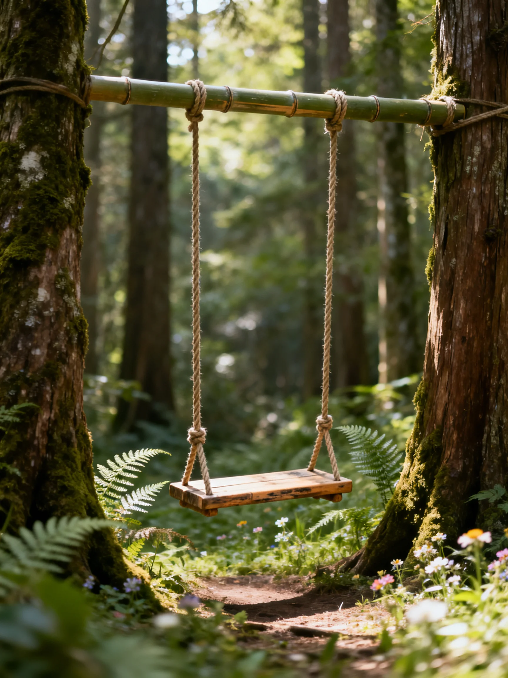 A wooden swing hangs from a bamboo bar amid mossy forest trees
