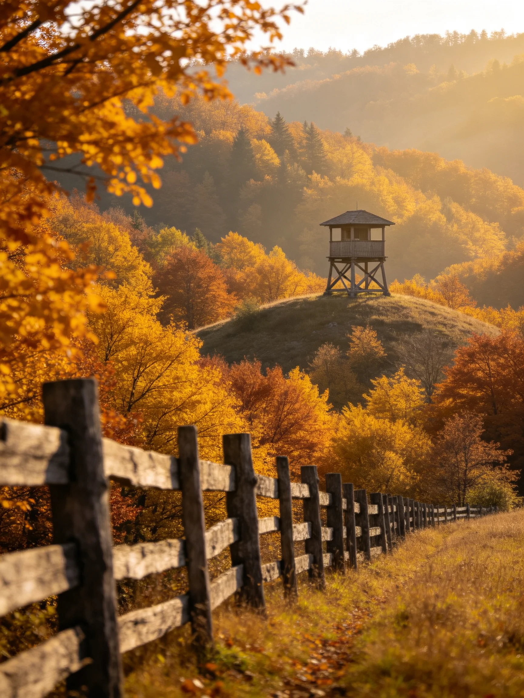 A wooden watchtower atop a hill amid golden autumn foliage