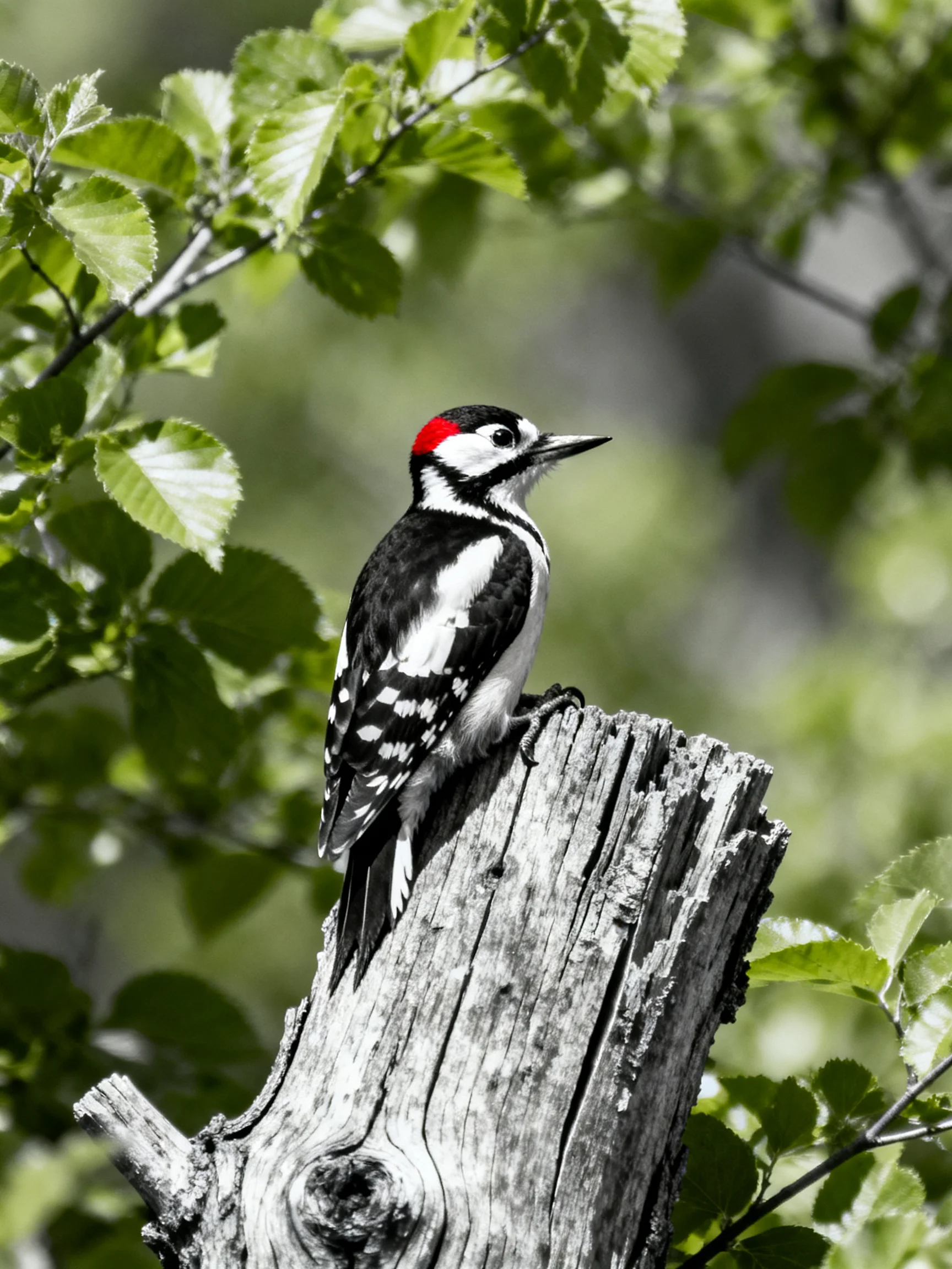 A woodpecker with red, black, and white plumage on a weathered tree stump