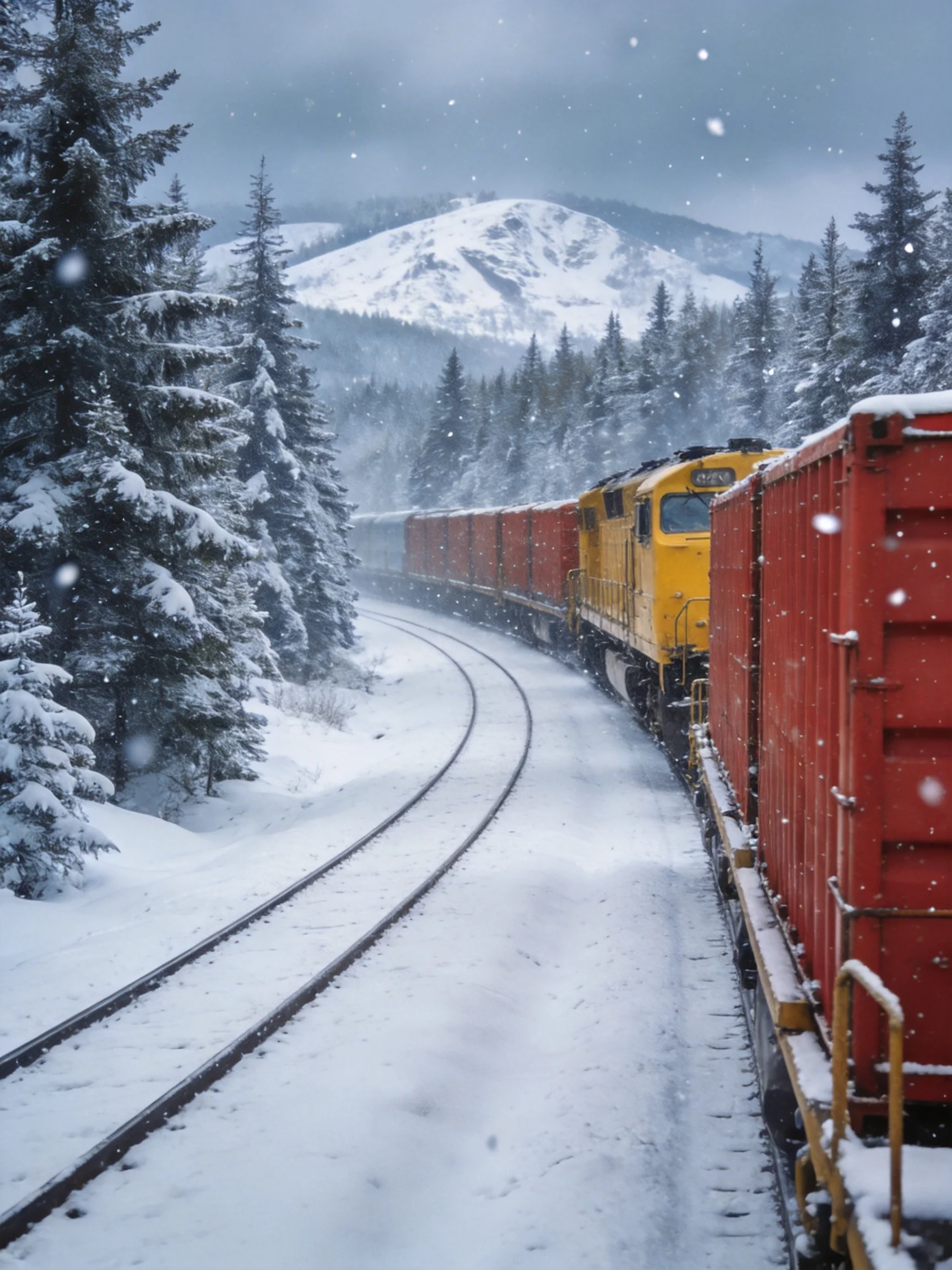 A yellow locomotive pulls red freight cars through a snow-covered forest near snow-capped mountains