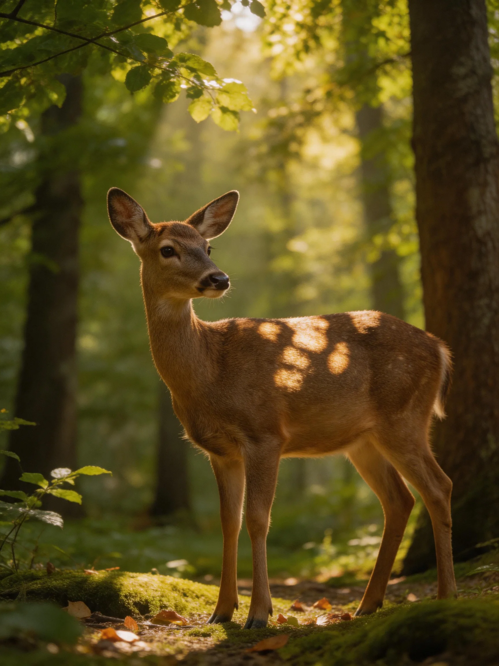 A young deer in a sun-dappled green forest