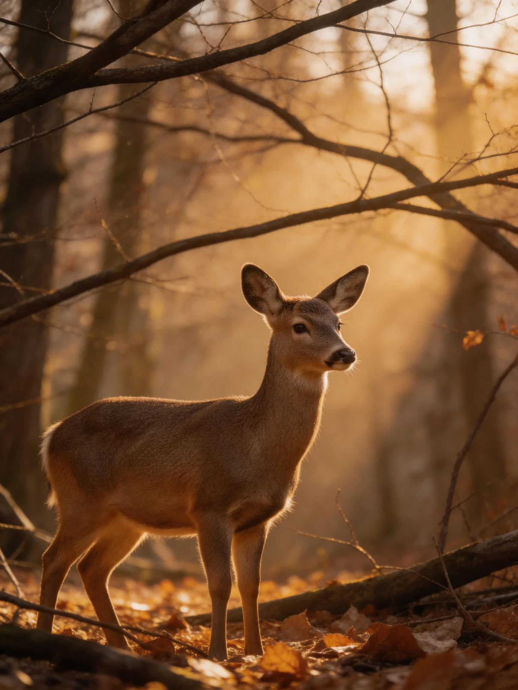 A young deer stands in a sun-drenched autumn forest