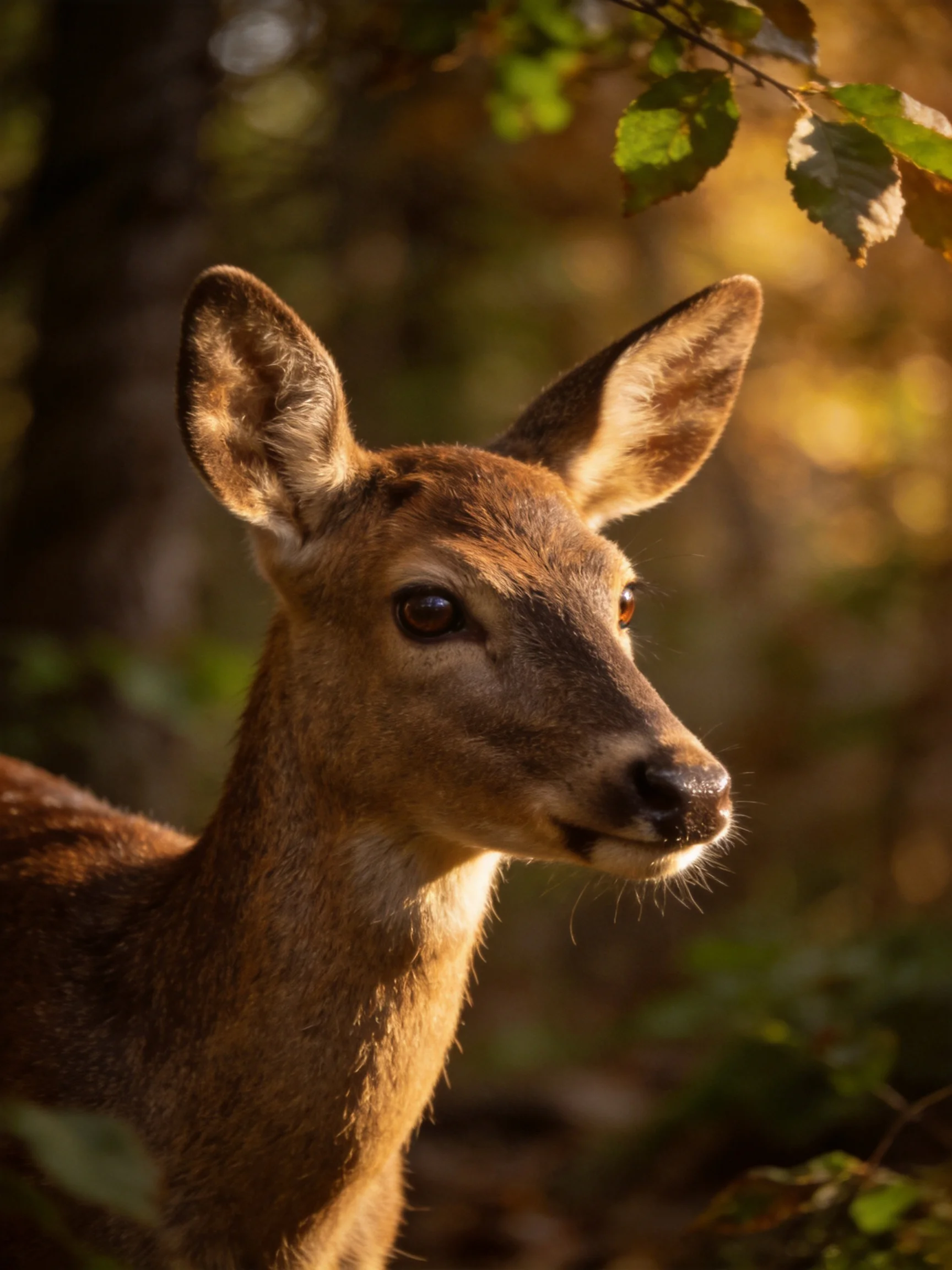 A young deer with earthy brown fur in a sun-dappled forest