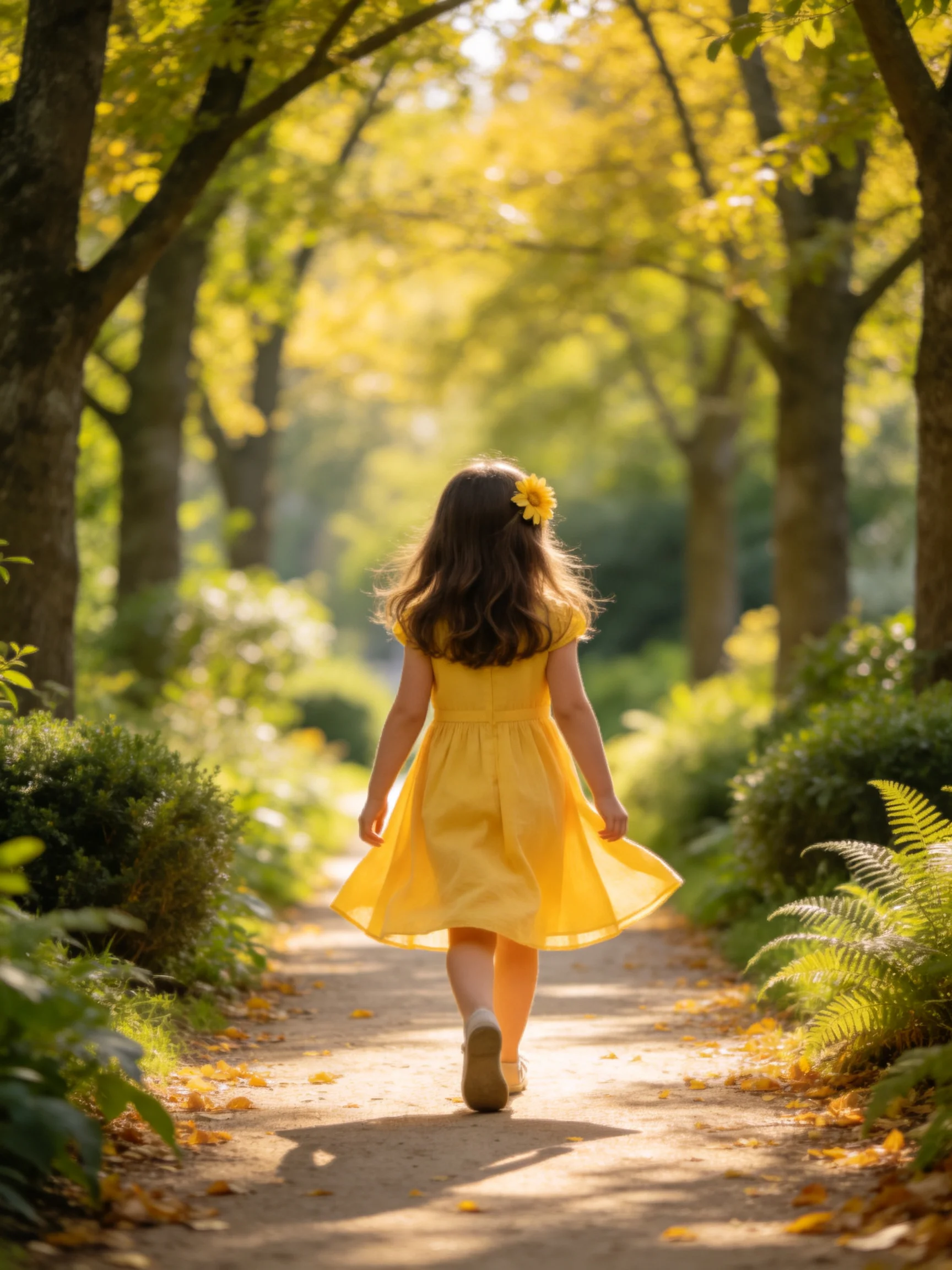 A young girl in a bright yellow dress walks down a sunlit forest path