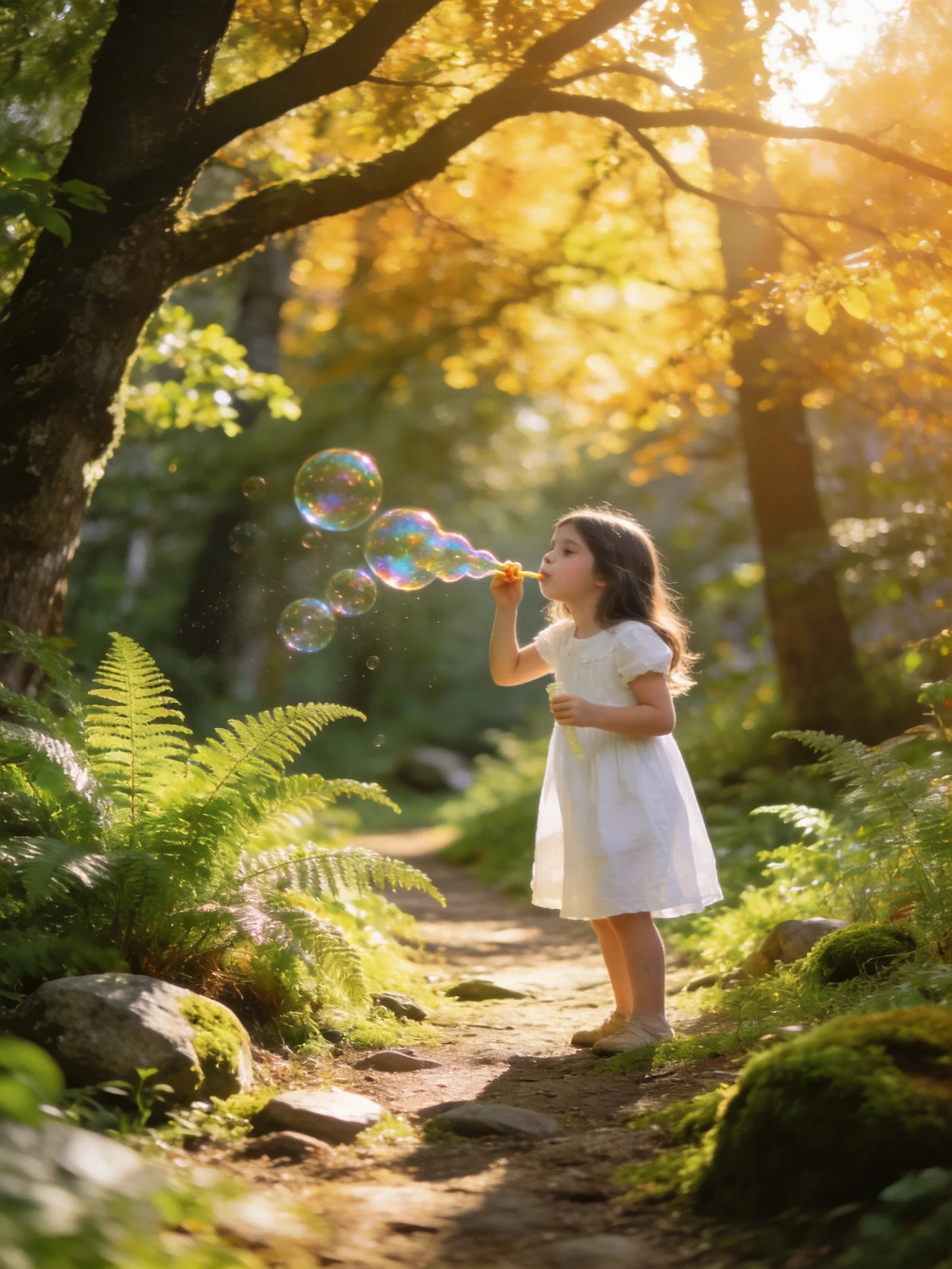 A young girl in a white dress blows colorful bubbles along a sunlit forest path
