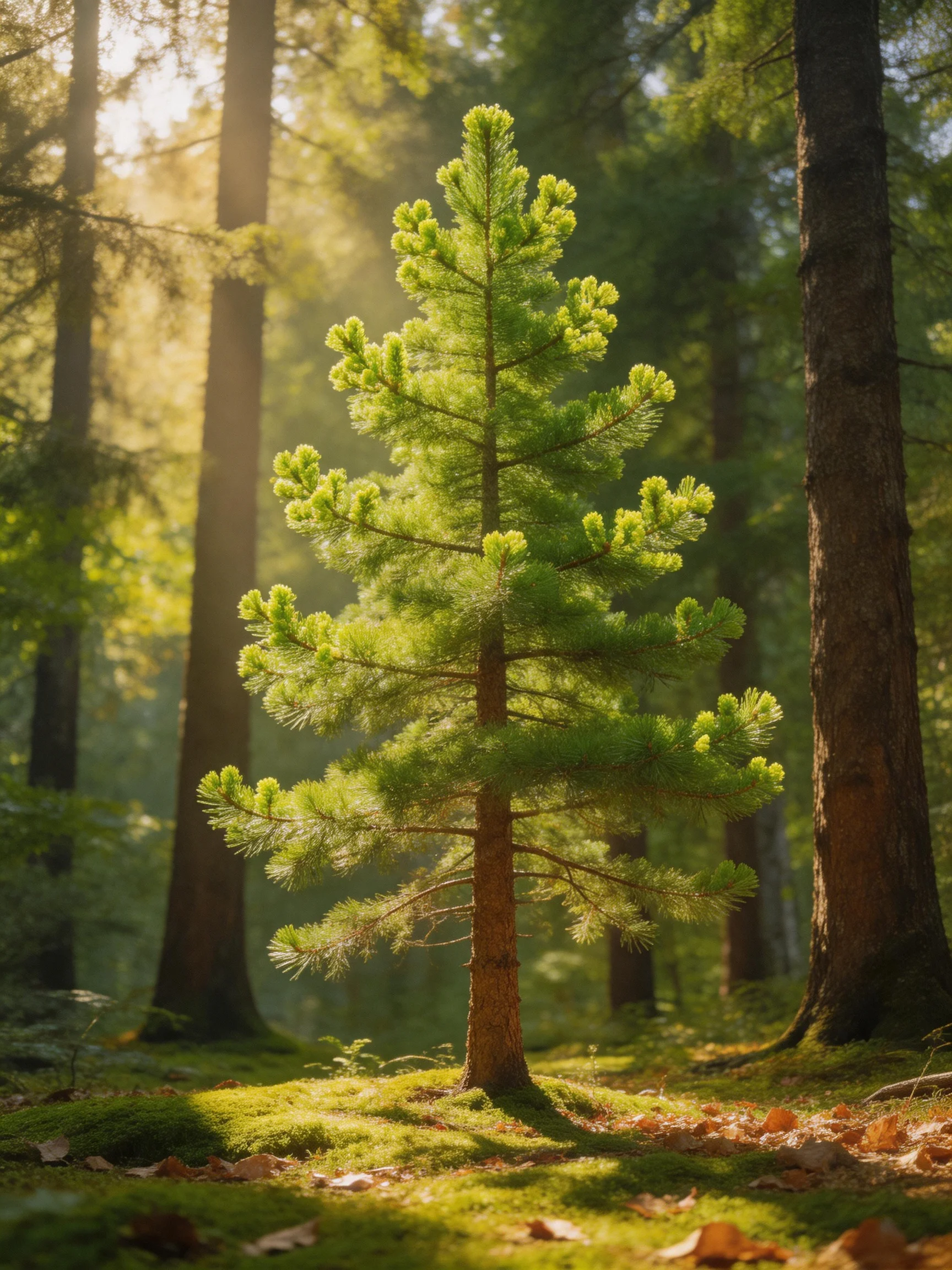 A young green pine sapling stands among tall brown-trunked trees in sunlit forest