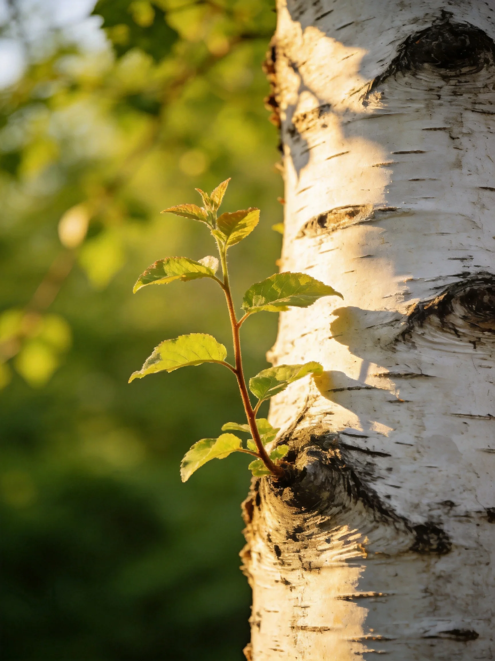 A young green sprout grows from a white-barked birch trunk