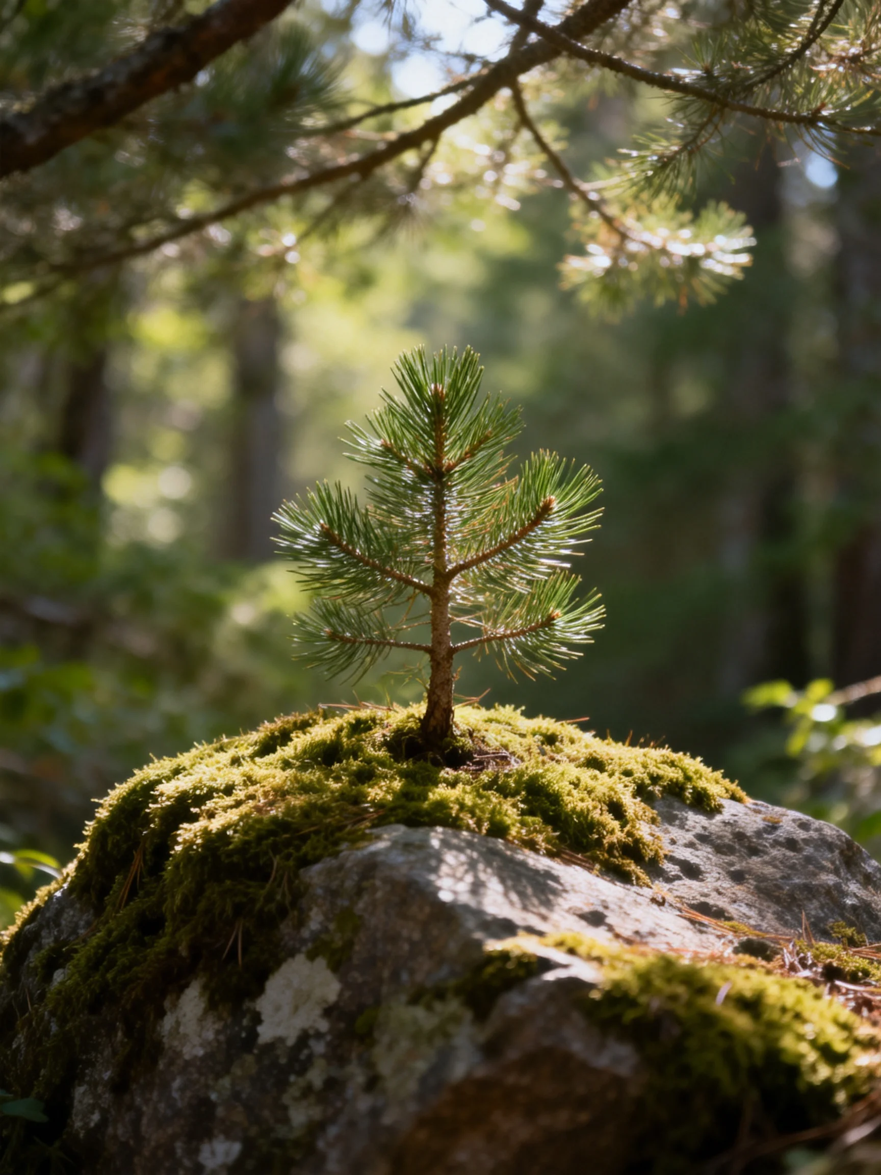 A young pine sapling grows on a mossy forest rock