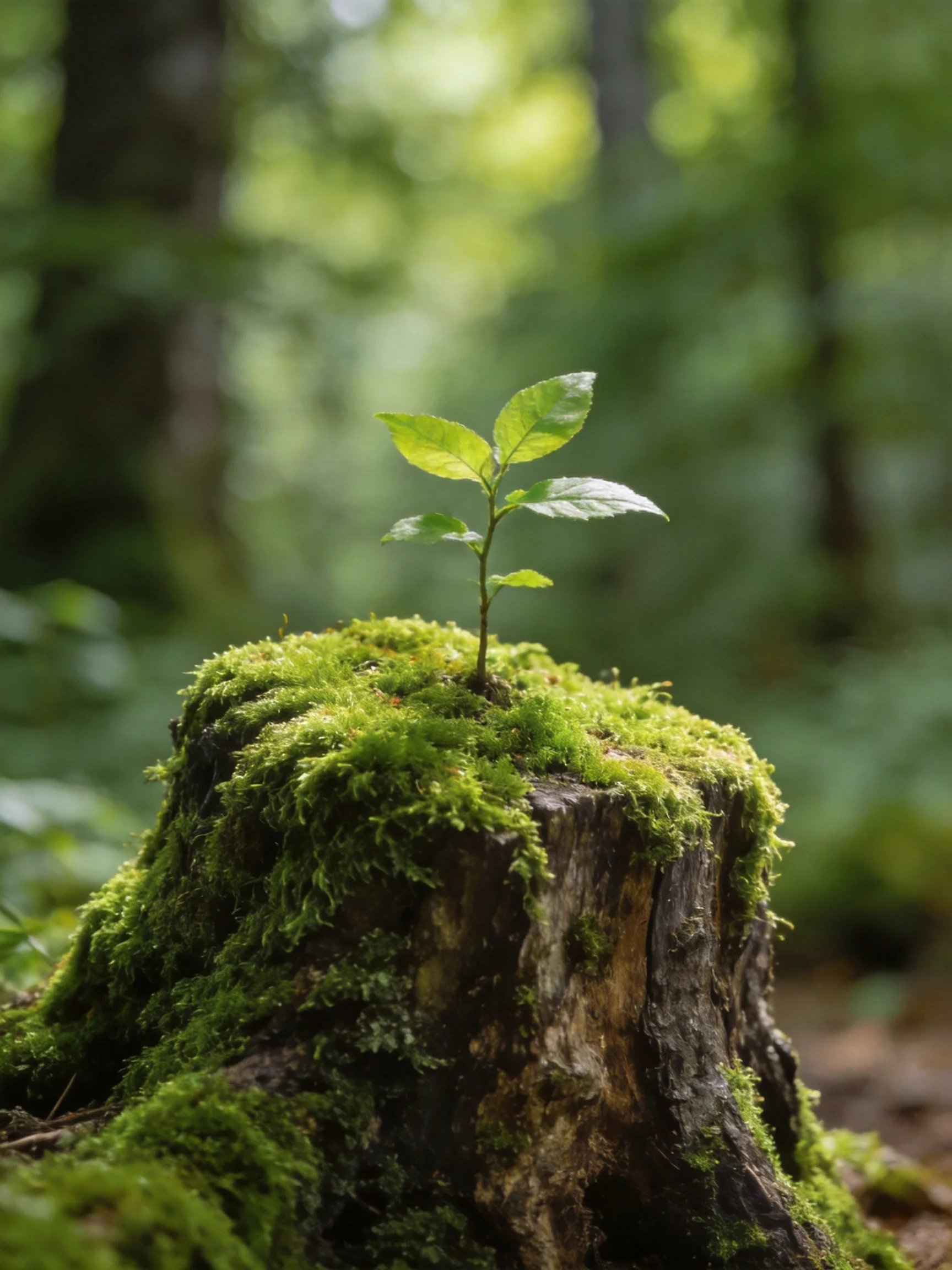 A young plant grows from a moss-covered tree stump in a forest