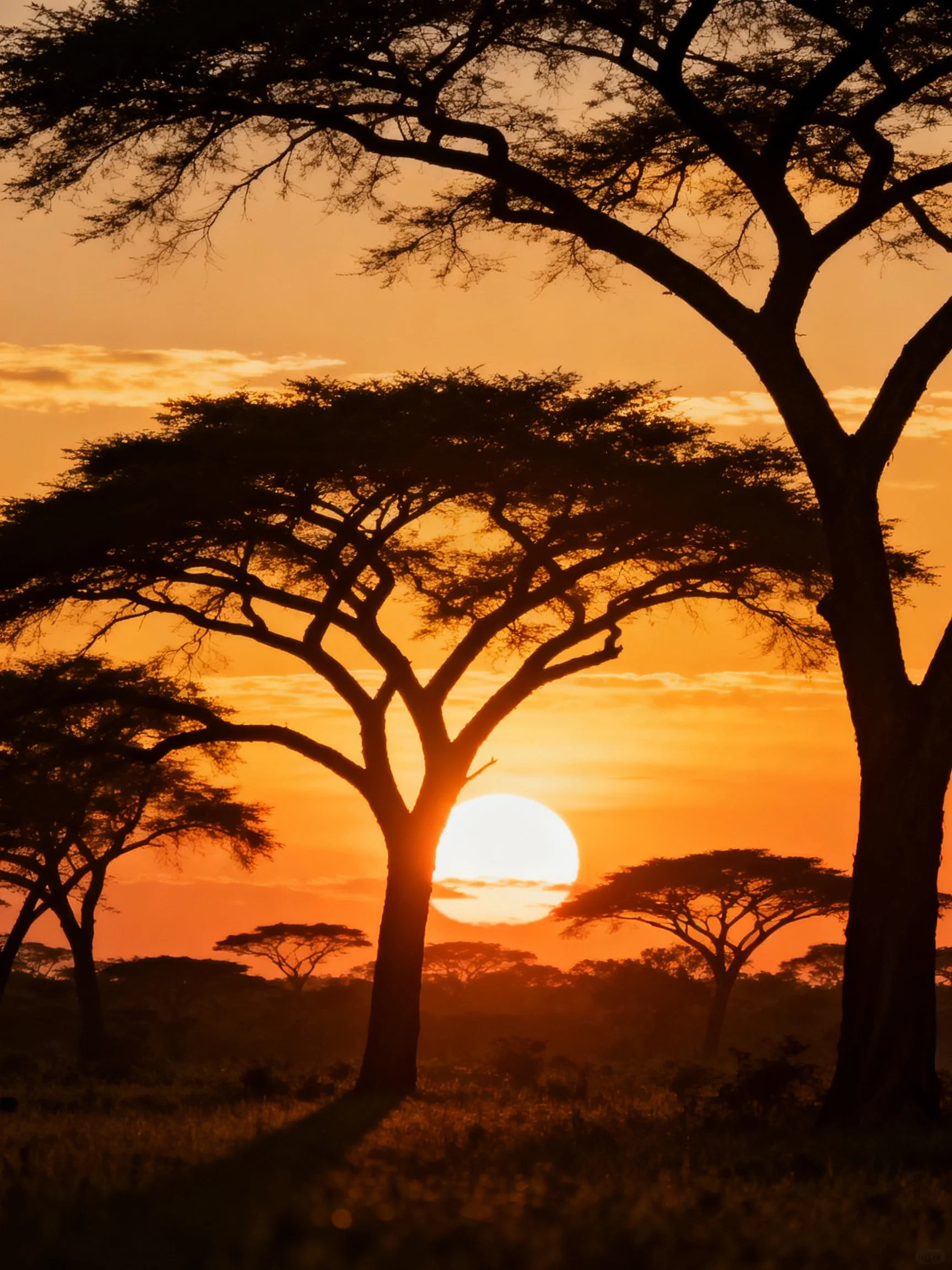 Acacia trees silhouetted against a vibrant orange sunset sky
