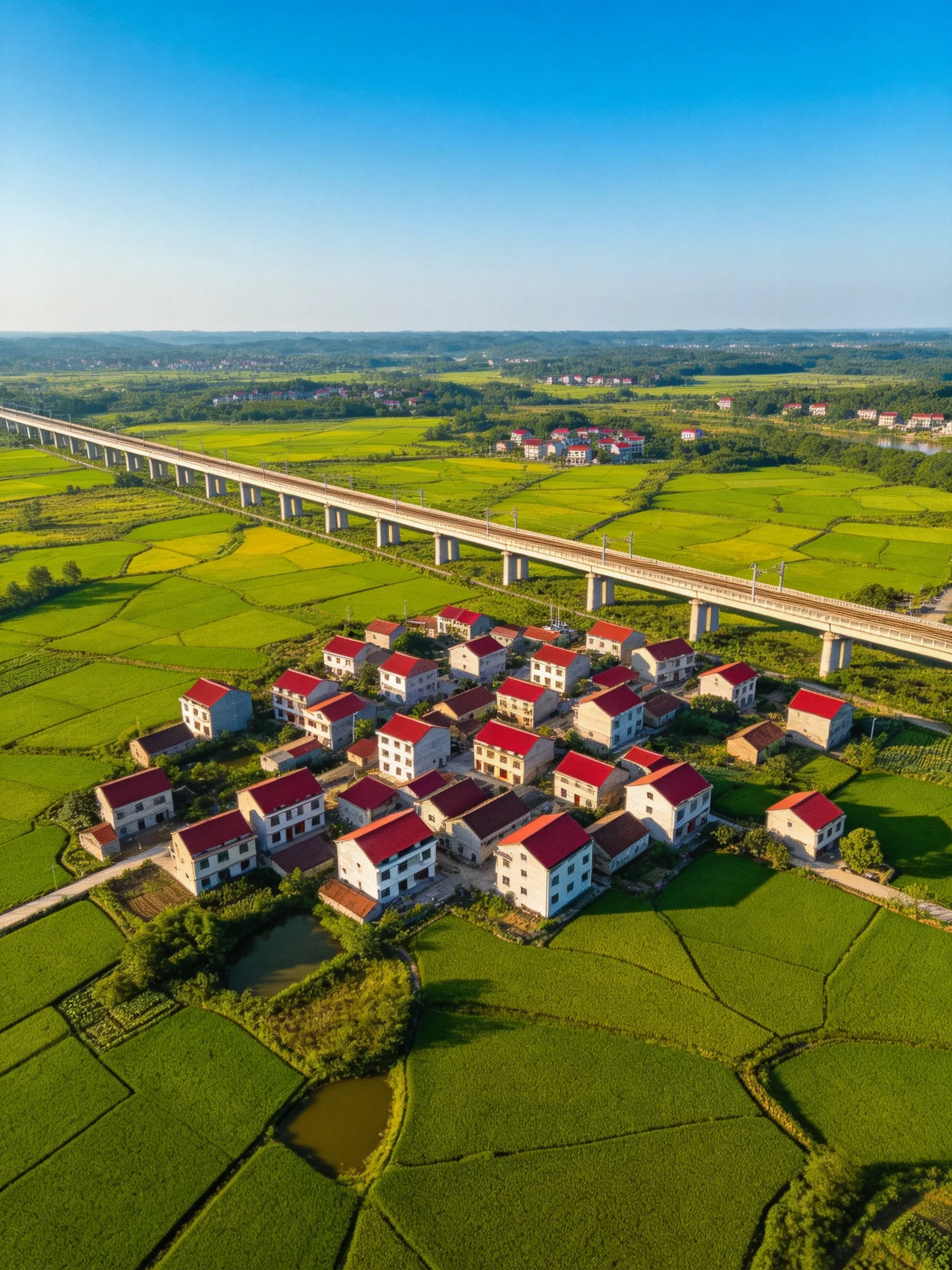 Aerial View of Red-Roofed Village Among Lush Green Fields