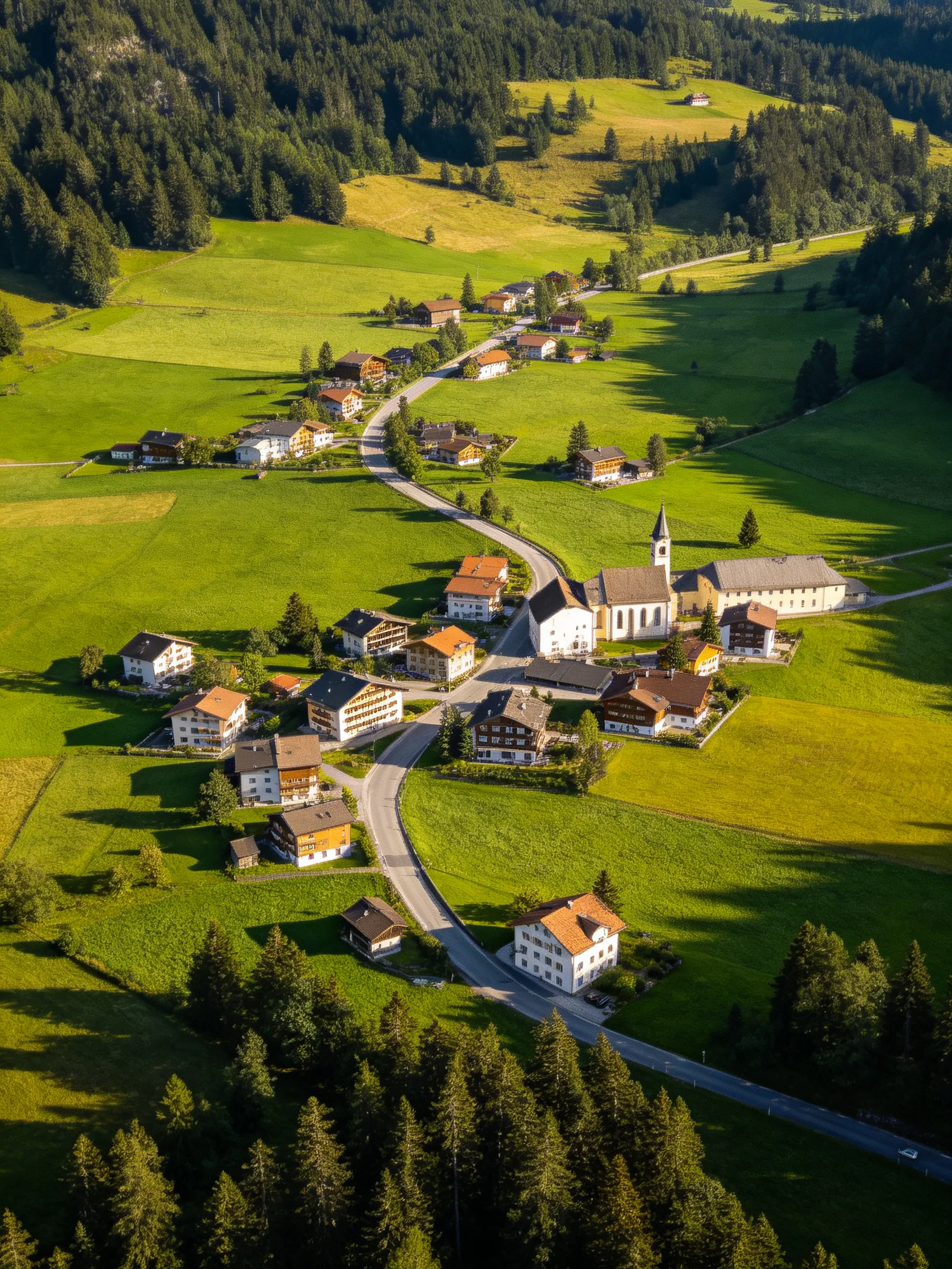 Aerial view of a quaint village with colorful homes, lush green fields, and forested hills.