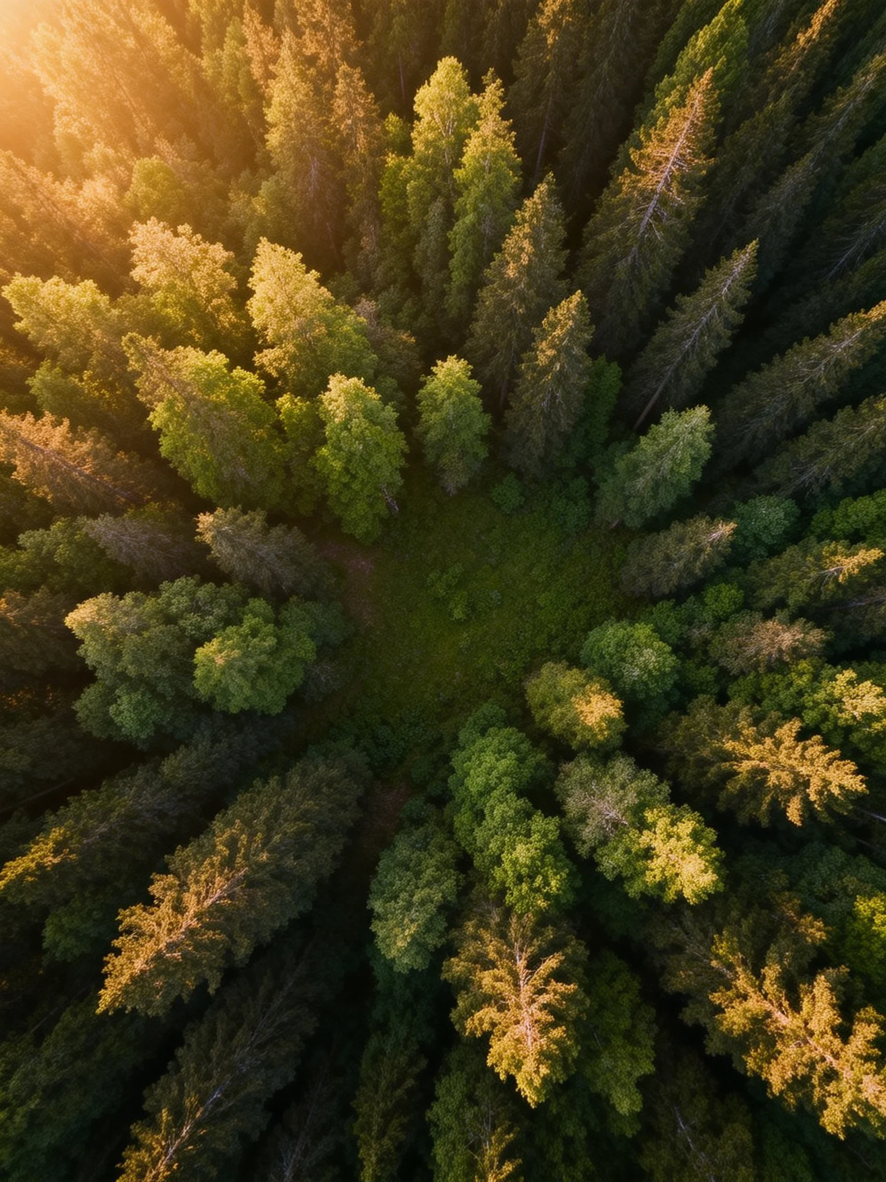 Aerial view of dense forest with golden sunlight filtering through