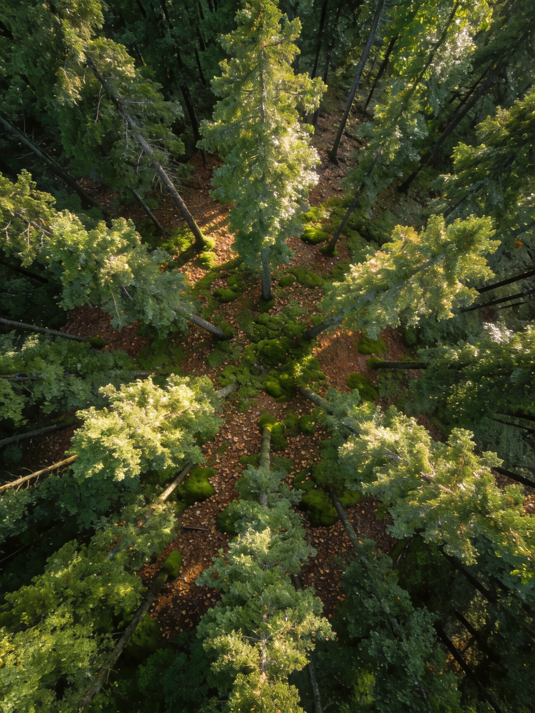 Aerial view of dense forest with tall evergreen trees and mossy ground