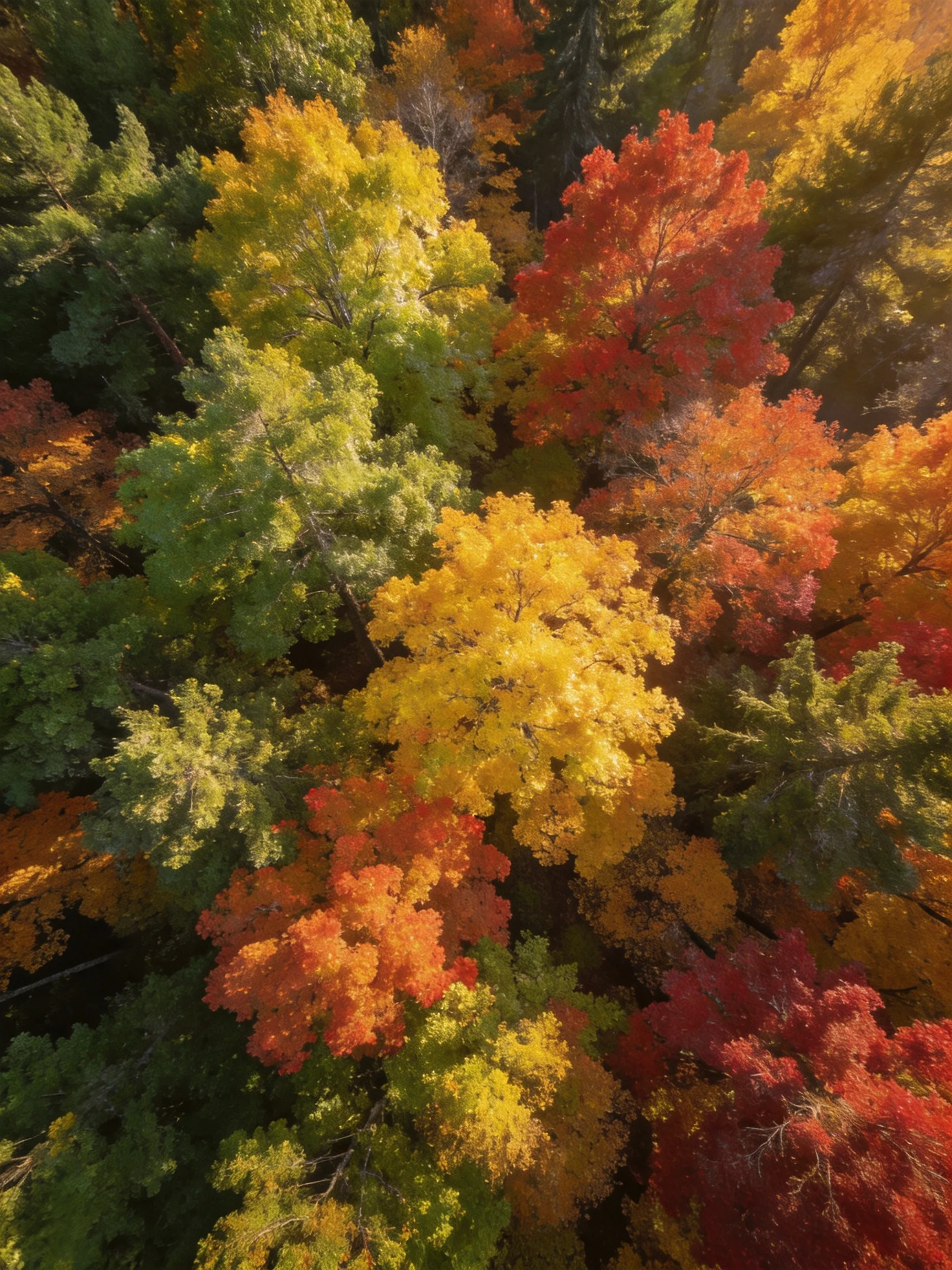 Aerial view of forest with multicolored autumn tree canopies