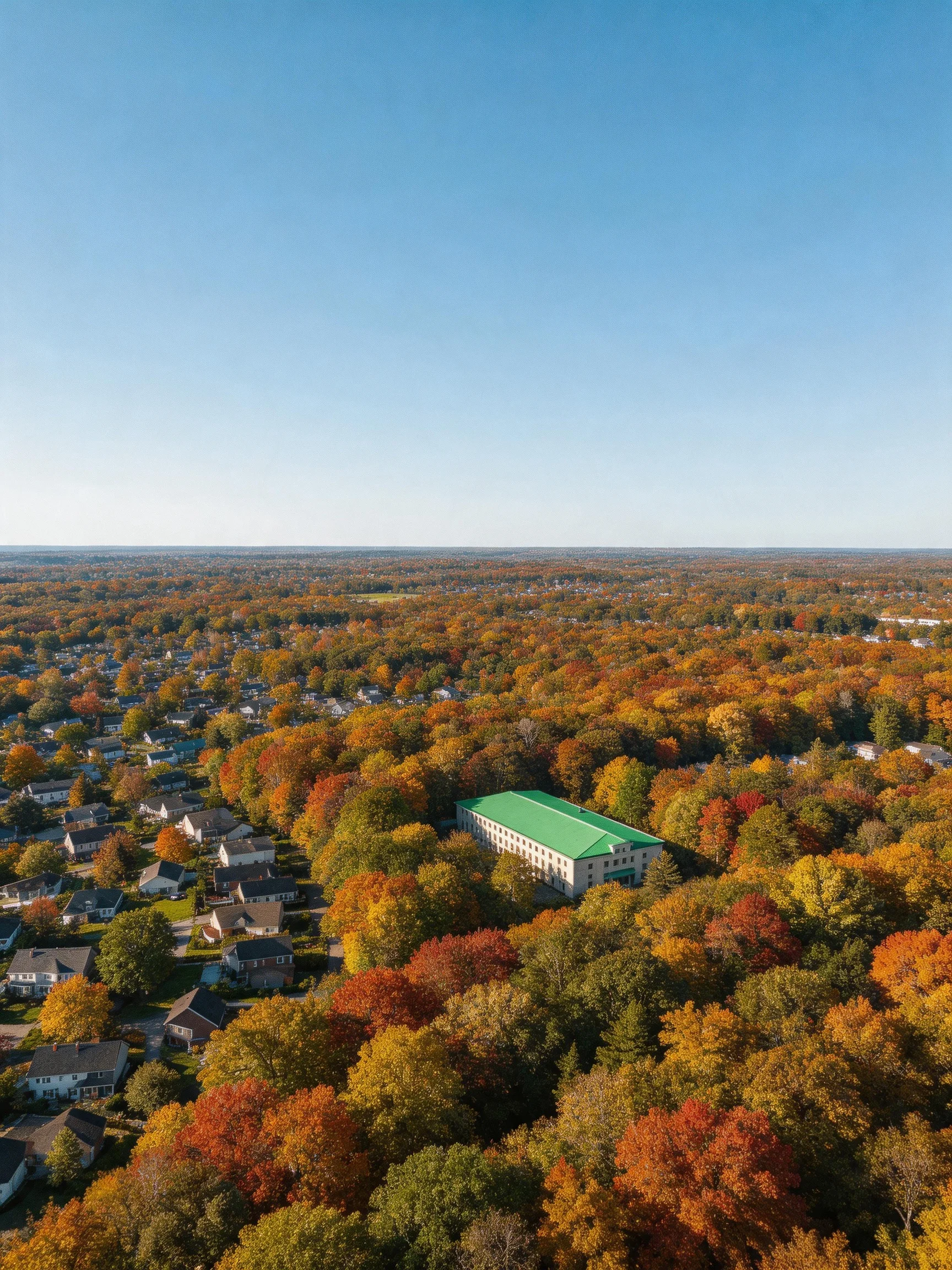 Aerial view of suburban autumn landscape with green-roofed