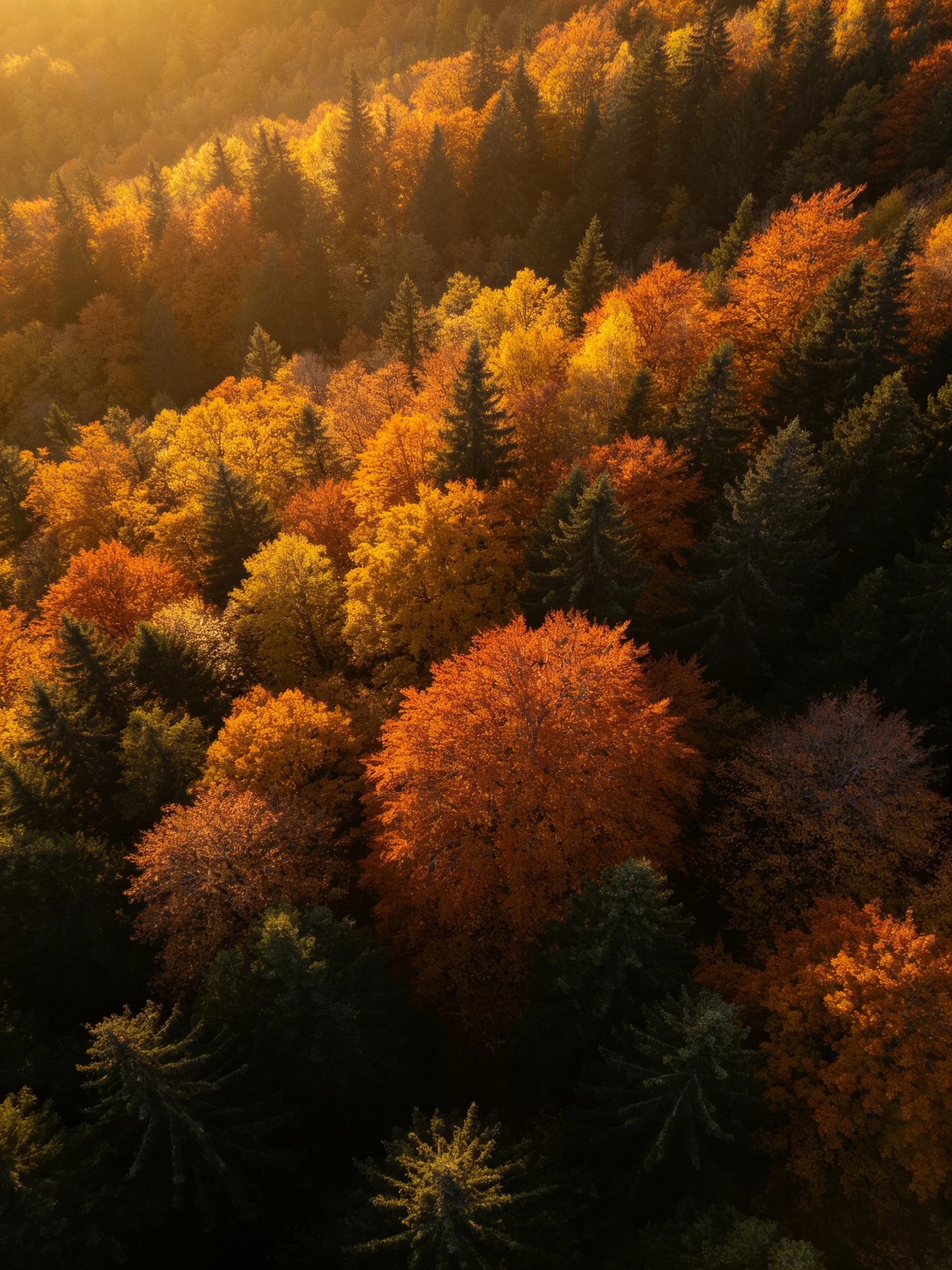 Aerial view of vibrant autumn forest with golden, orange, and dark green trees