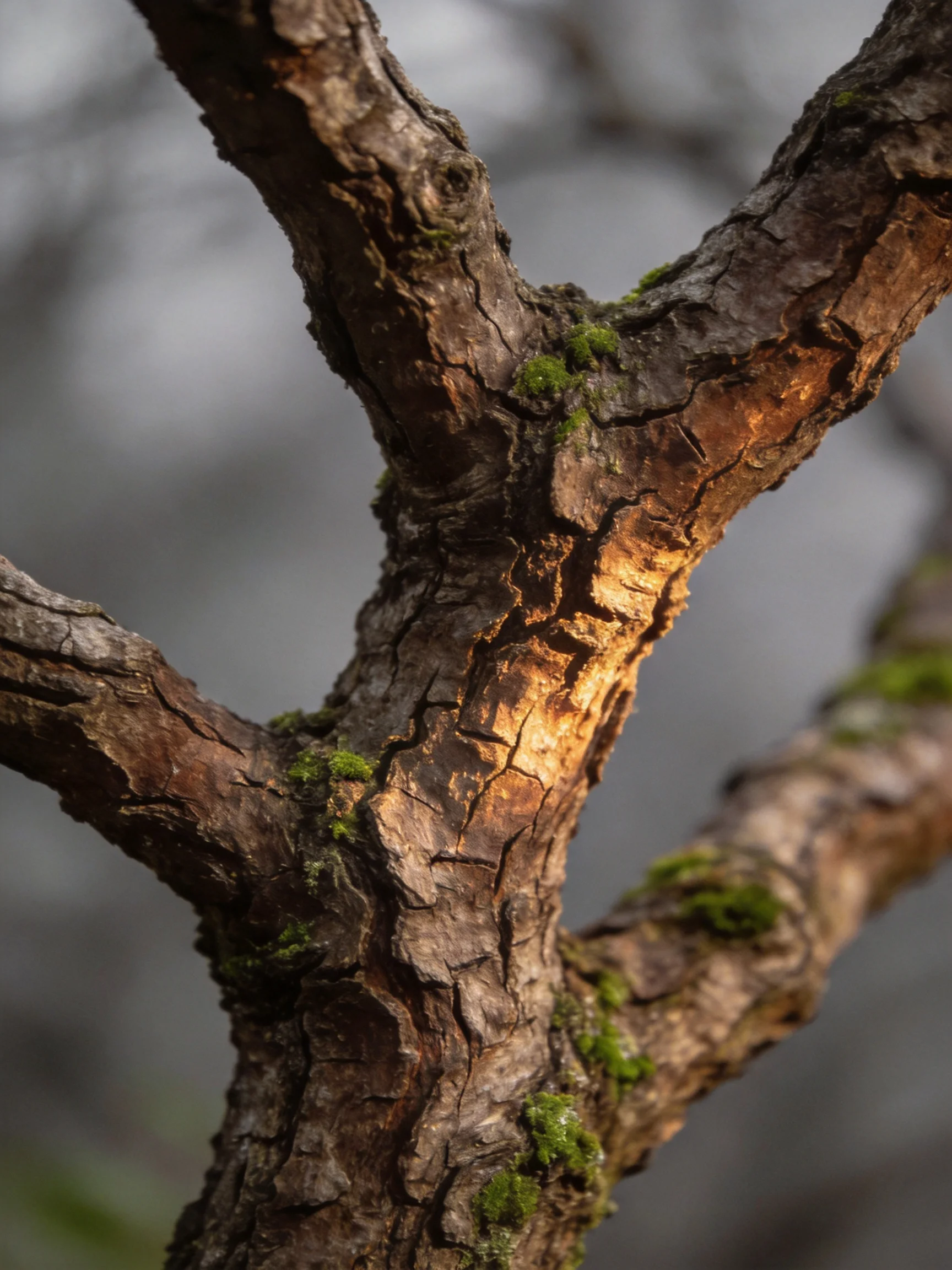 Aged tree branch with cracked bark and green moss patches