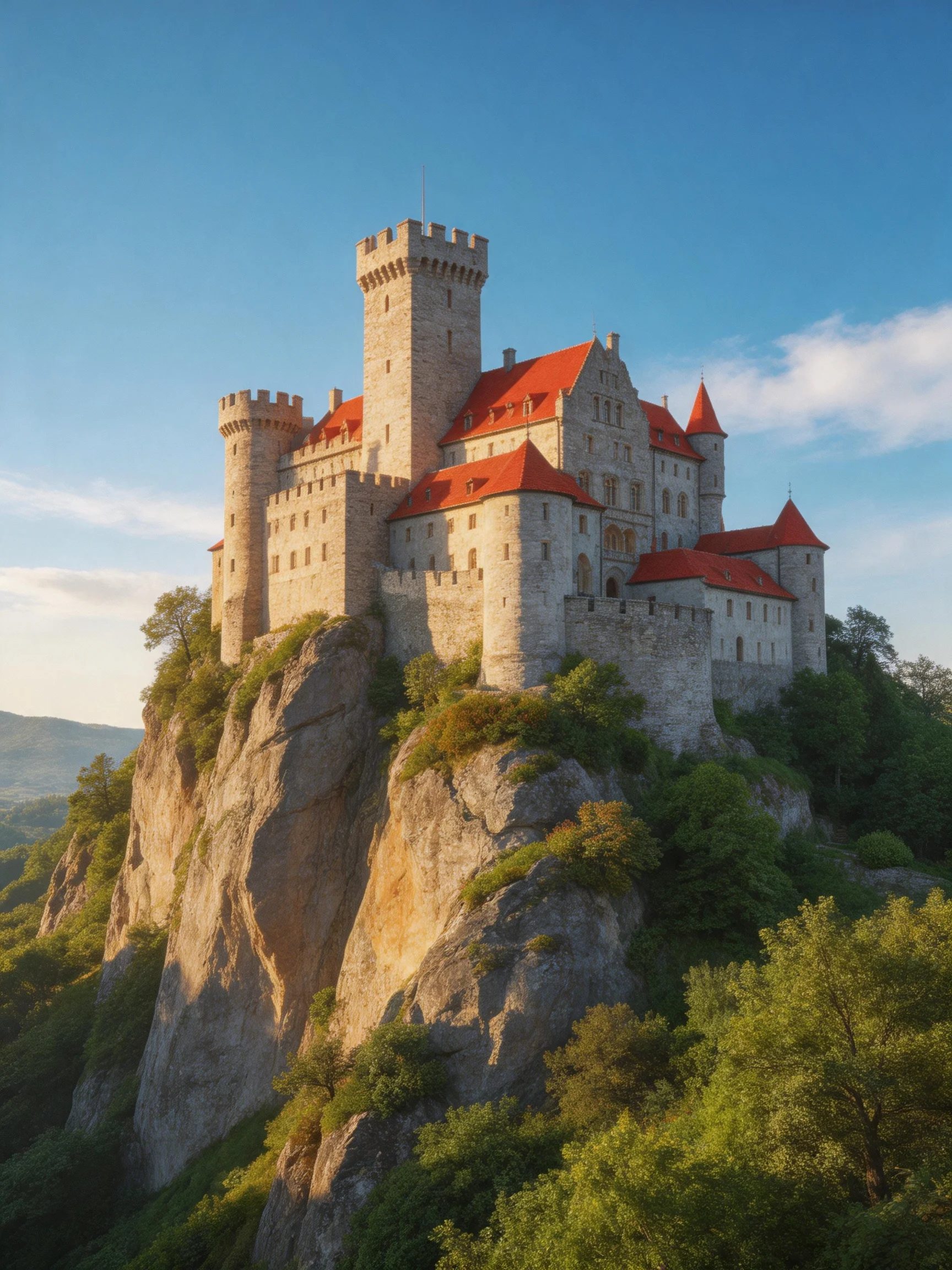 Amedieval castle with red roofs perched atop a rocky cliff