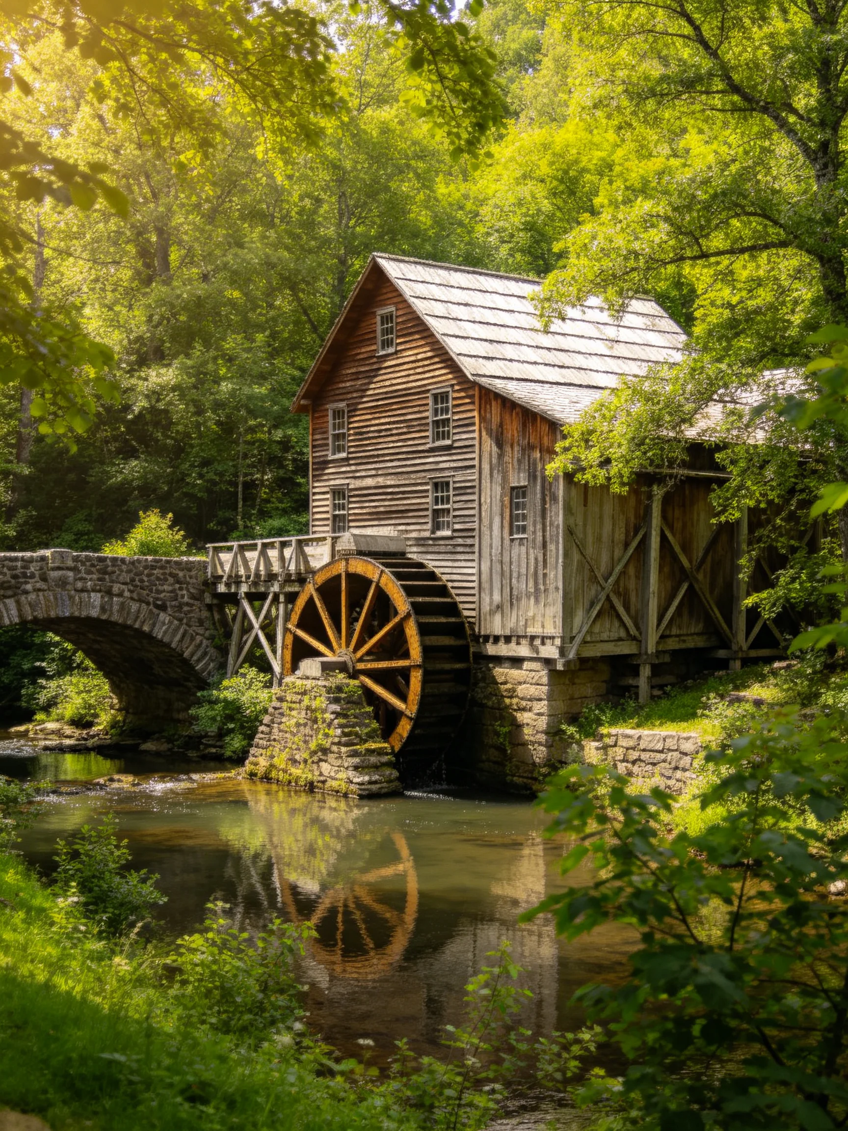 An Old Wooden Mill with Water Wheel Near Stone Bridge