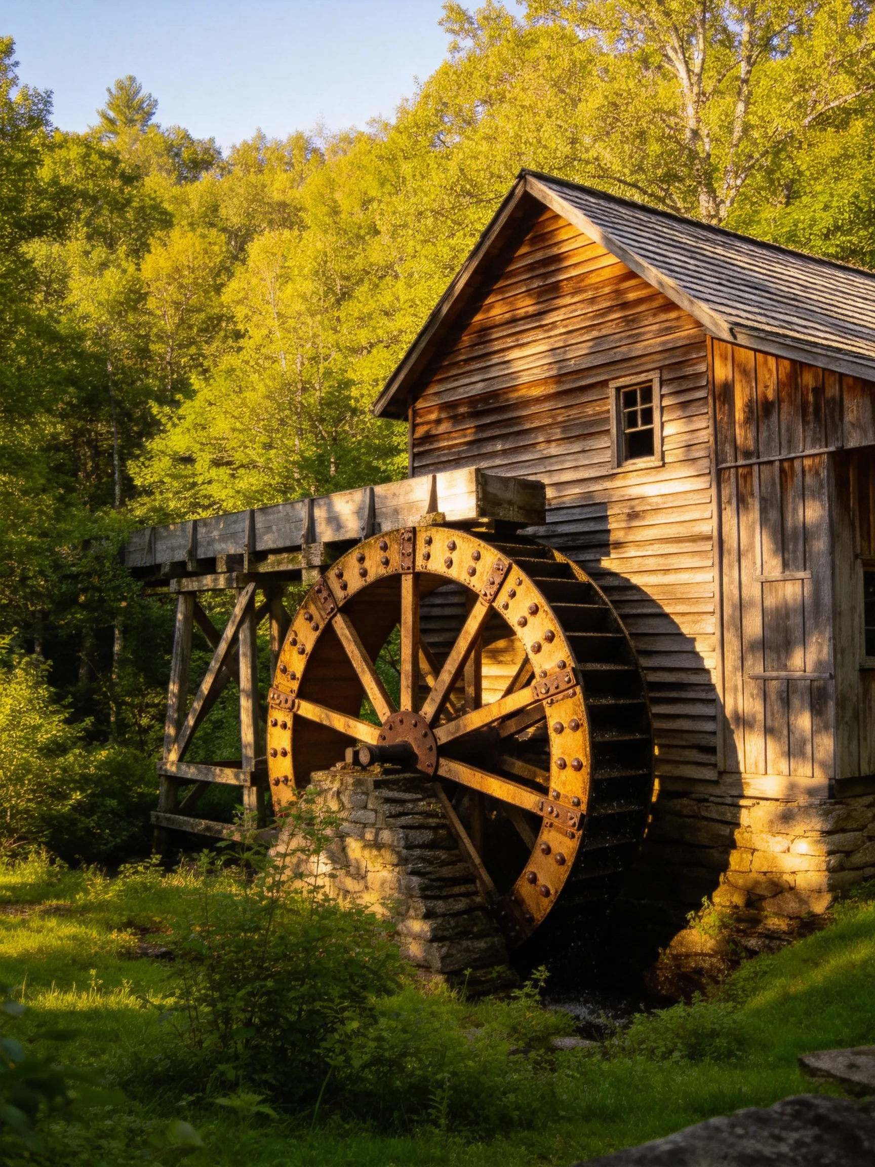 An Old Wooden Mill with a Large Golden Water Wheel Surrounded by Lush Greenery
