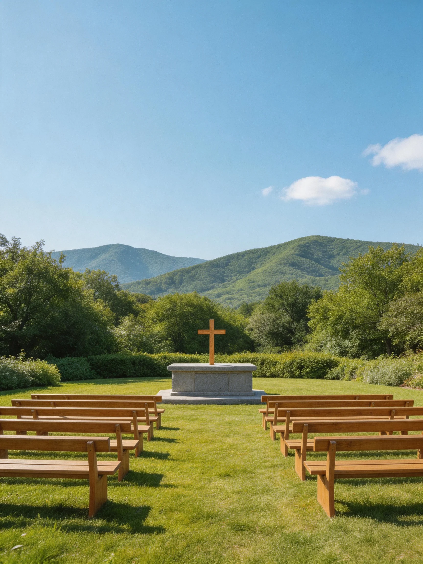 An Outdoor Chapel with Wooden Benches and a Cross, Surrounded by Green Hills