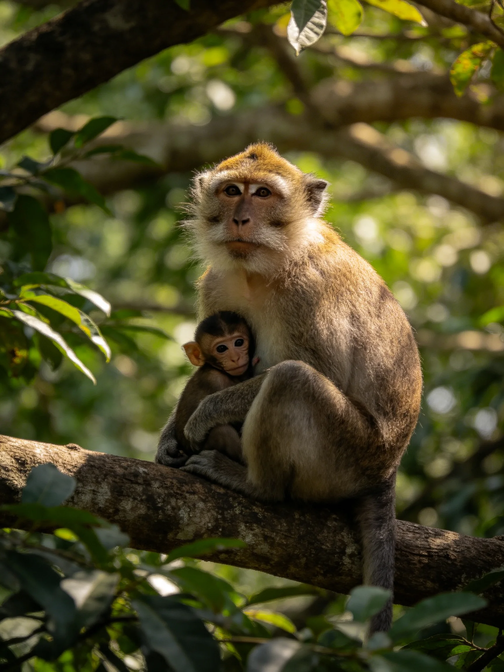 An adult long-tailed macaque cradling a juvenile on a tree branch