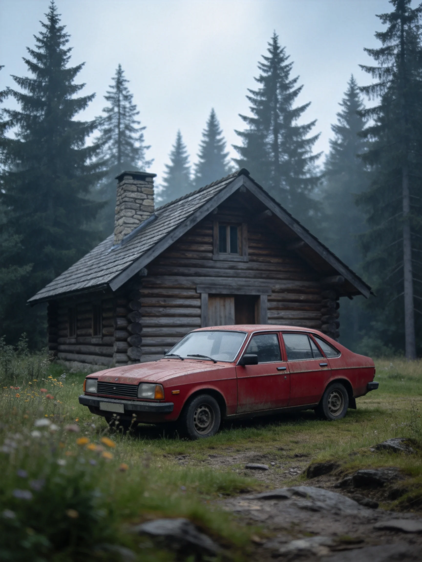 An aged log cabin beside a weathered red sedan in misty woods