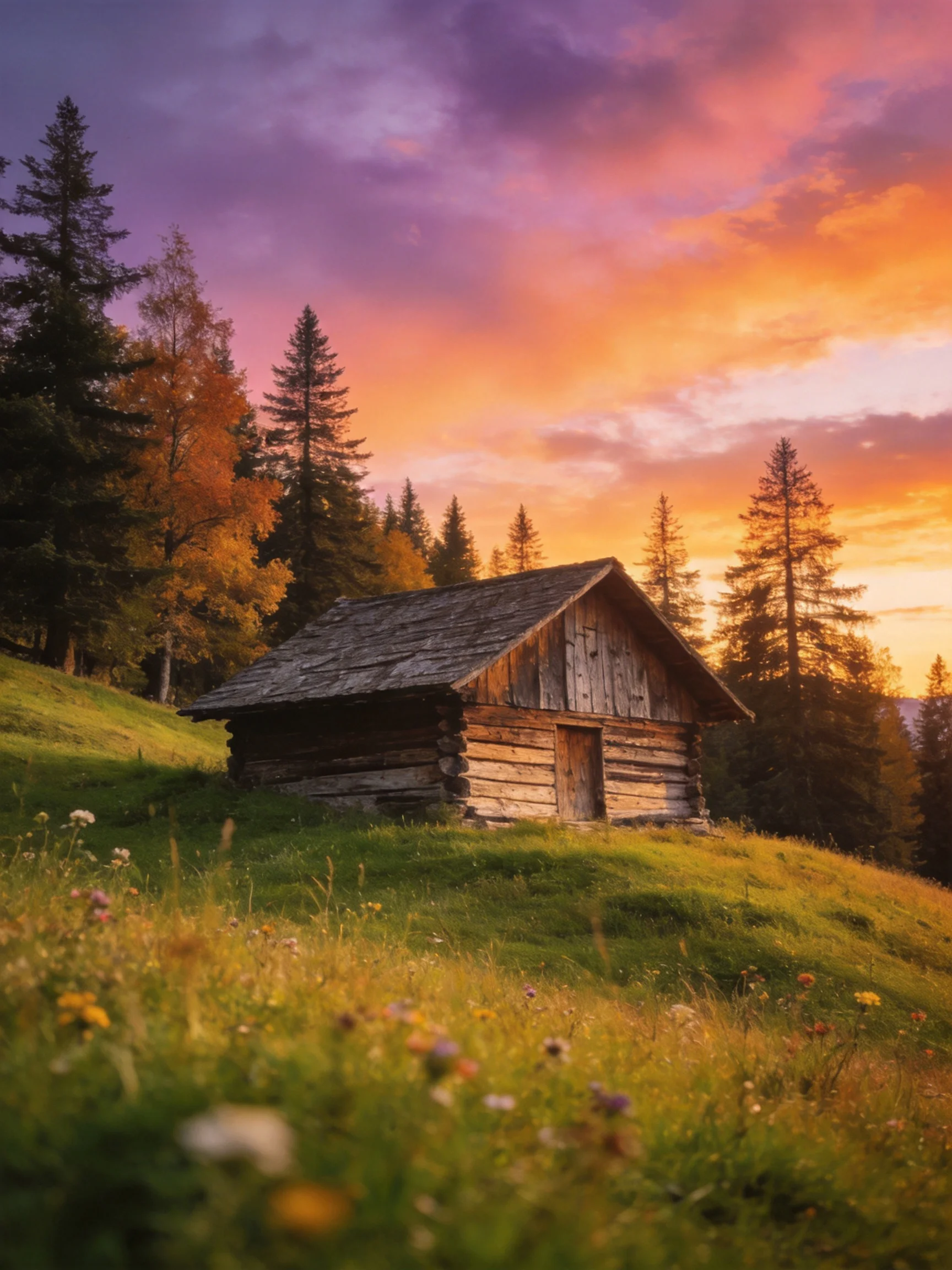 An aged log cabin in a vibrant sunset meadow
