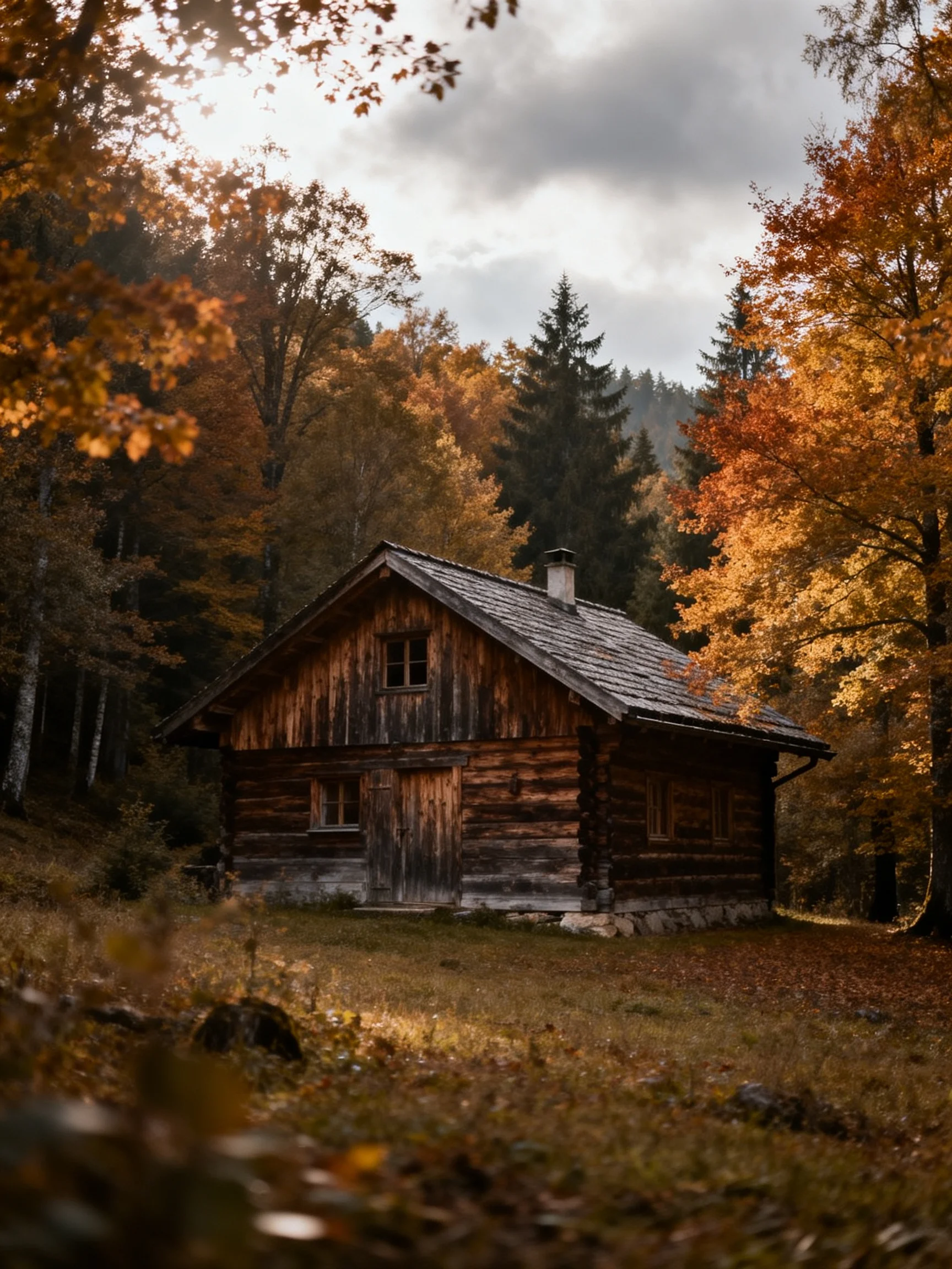 An aged log cabin nestled among vibrant fall foliage