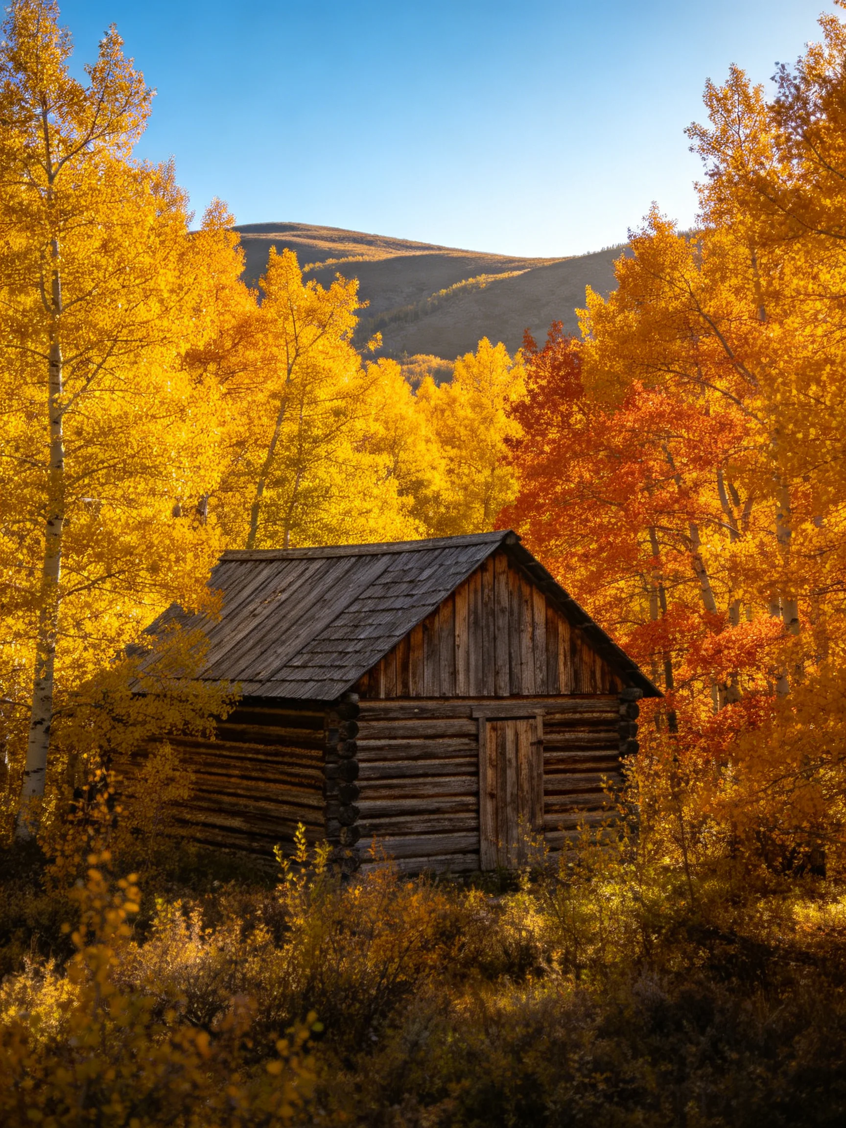 An aged log cabin surrounded by golden autumn trees near rolling hills