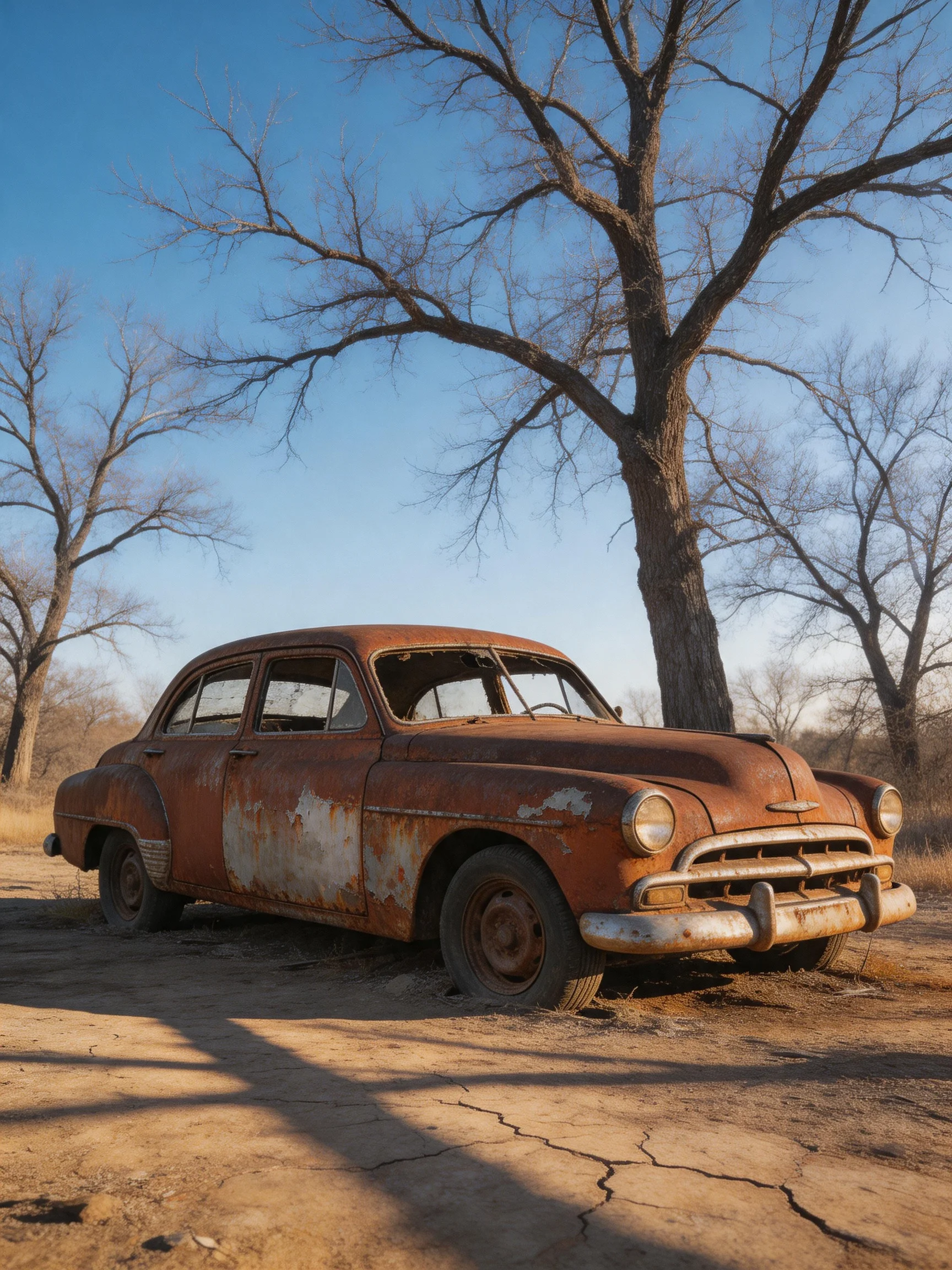 An aged rust-covered sedan near bare trees on cracked earth