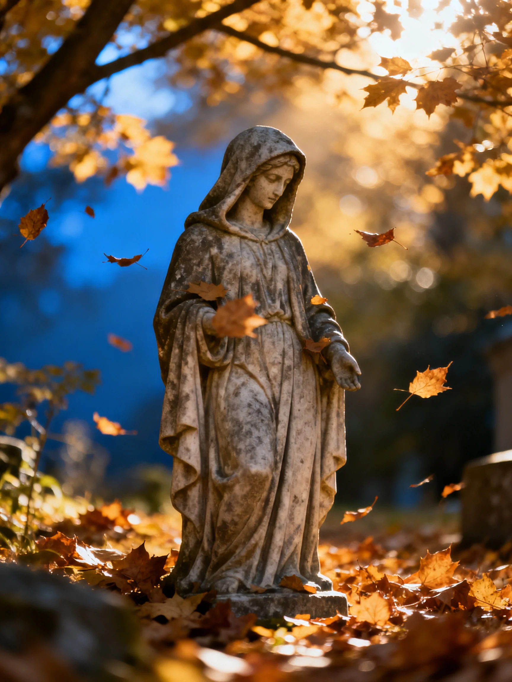 An aged stone statue amidst falling autumn leaves under golden sunlight