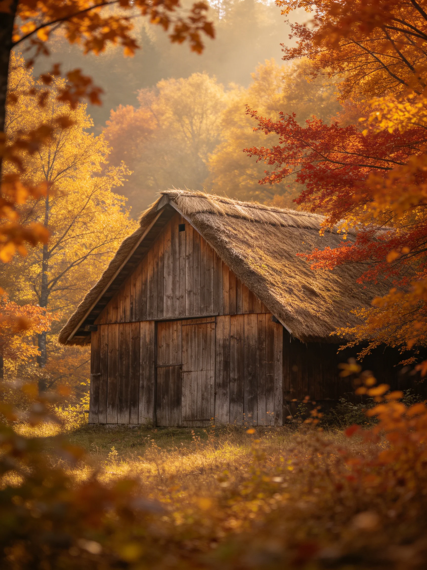 An aged wooden barn surrounded by golden and crimson autumn trees