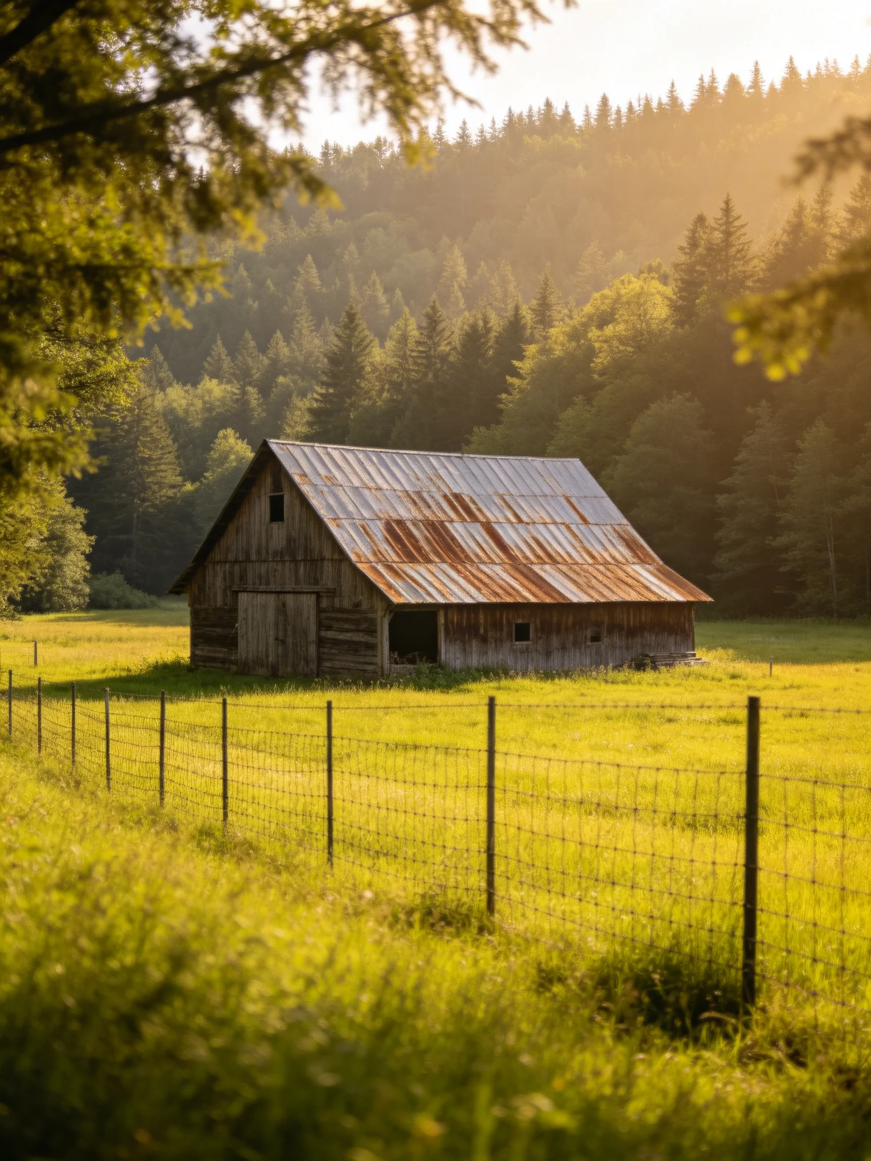 An aged wooden barn with rusted tin roof in sunlit green meadow