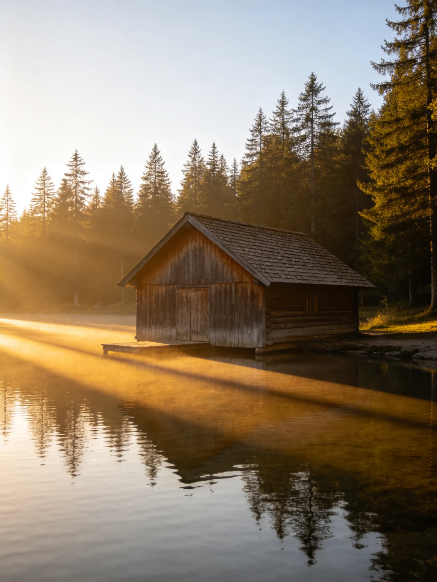An aged wooden boathouse by a misty lake amid tall evergreens at dawn