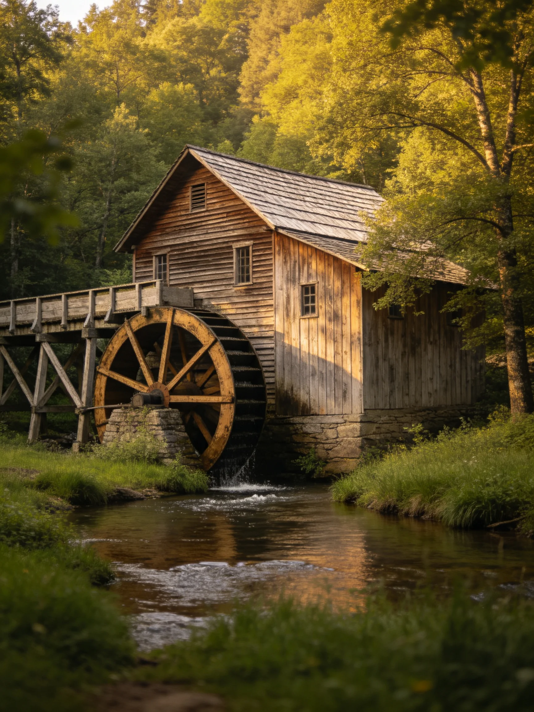 An aged wooden water mill beside a rushing stream amid lush trees