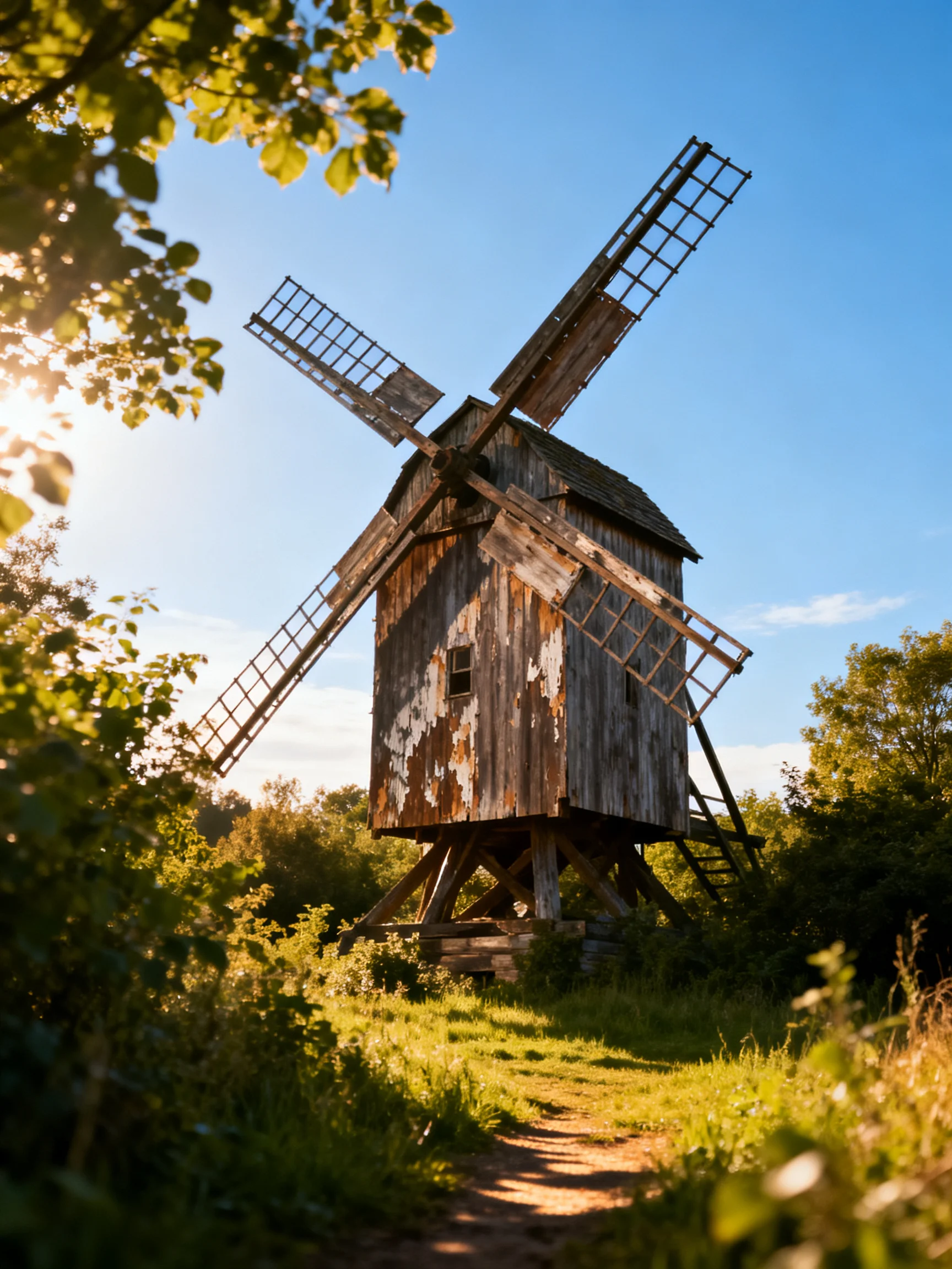 An aged wooden windmill stands among greenery beneath a bright blue sky