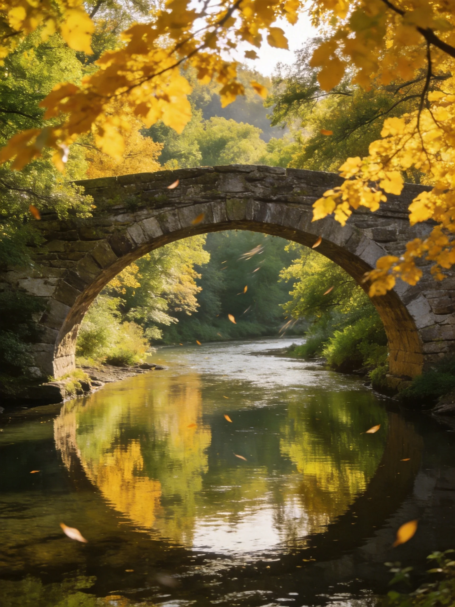 An ancient stone arch bridge spans a calm river amid golden foliage