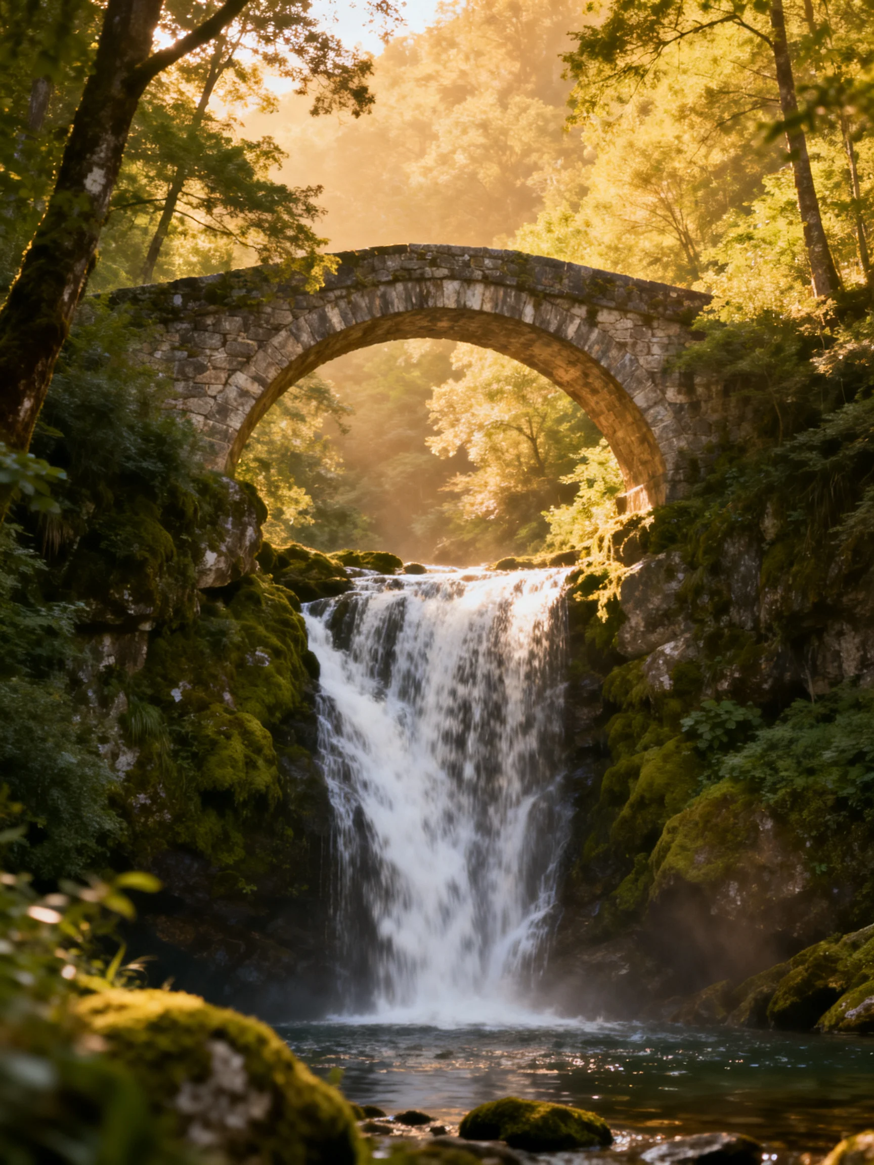 An ancient stone arch bridge spans a cascading waterfall amid lush green forest