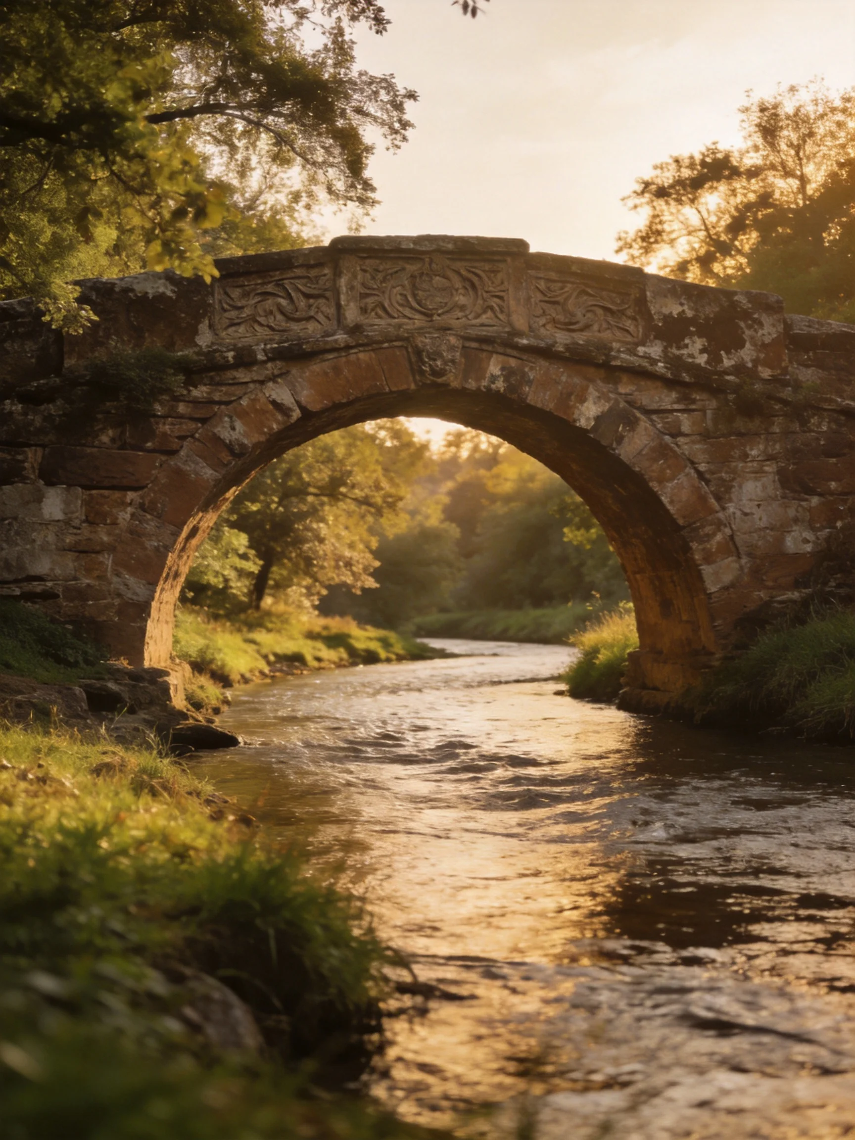 An ancient stone arch bridge spans a golden-hued river