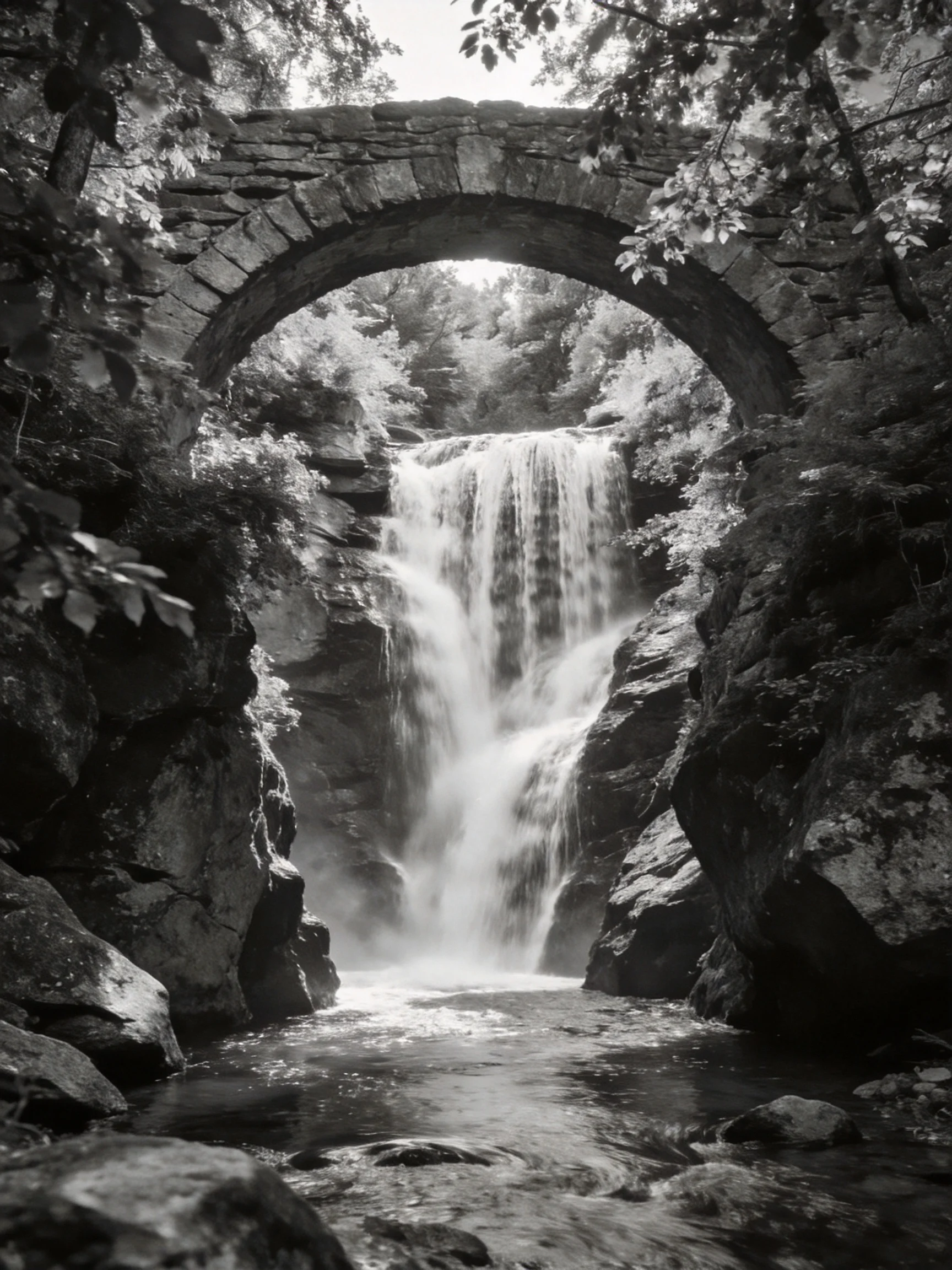 An ancient stone arch frames a cascading waterfall through rocky cliffs