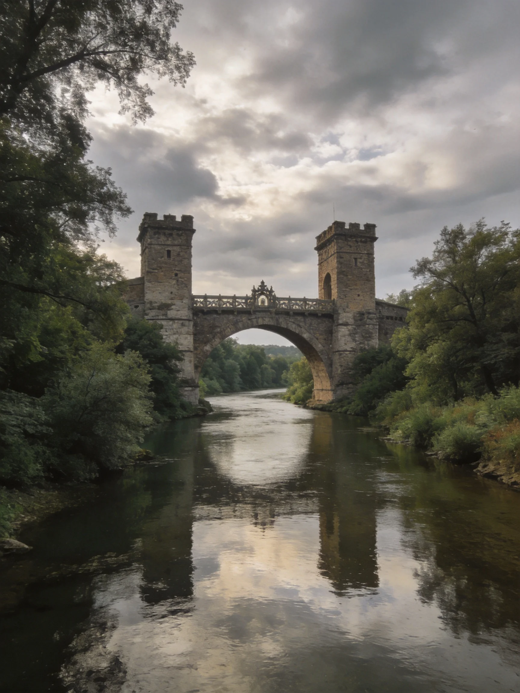 An ancient stone bridge spans a calm river amid lush greenery