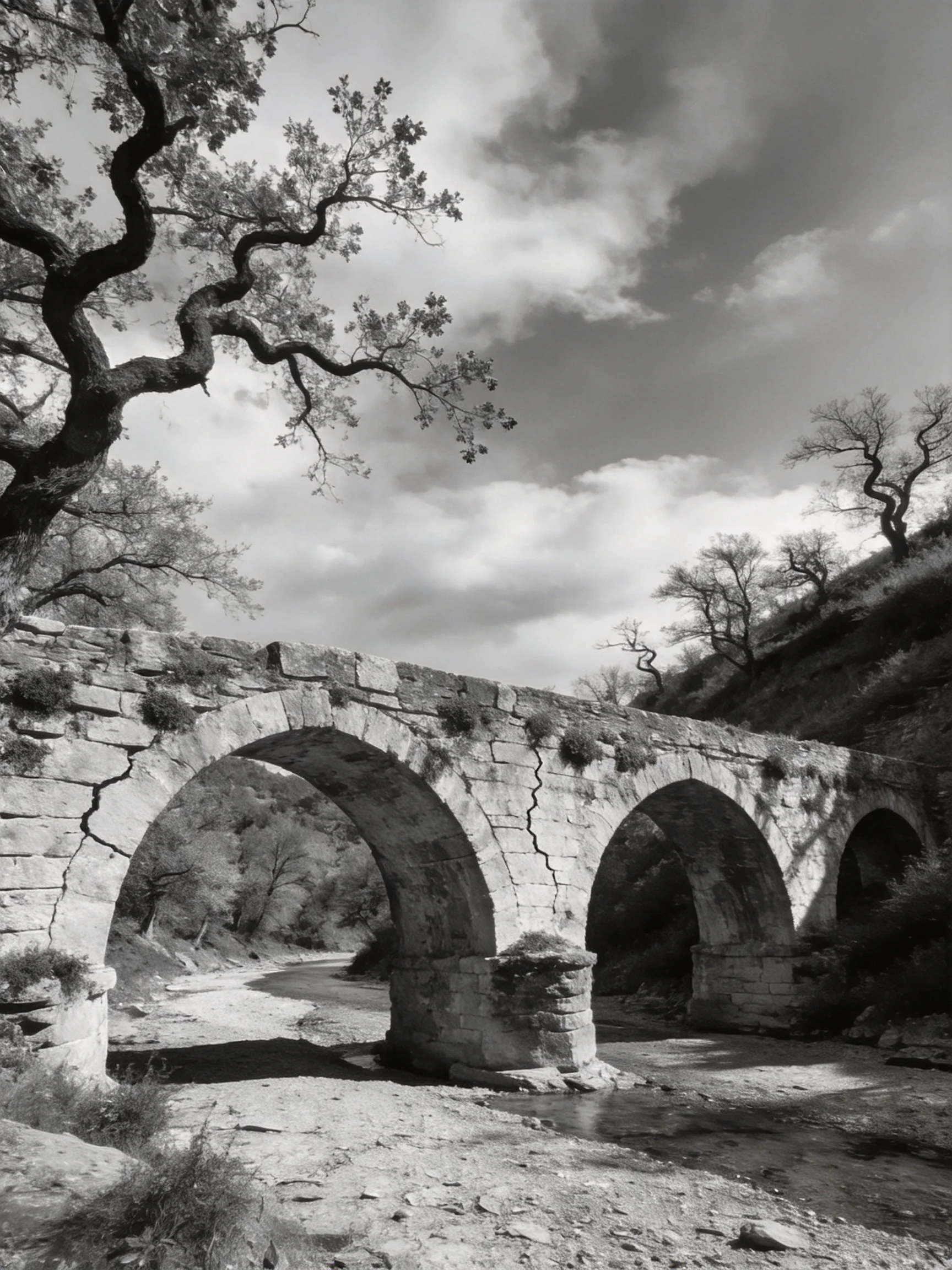 An ancient stone bridge with three arches spans a dry riverbed amid twisted trees