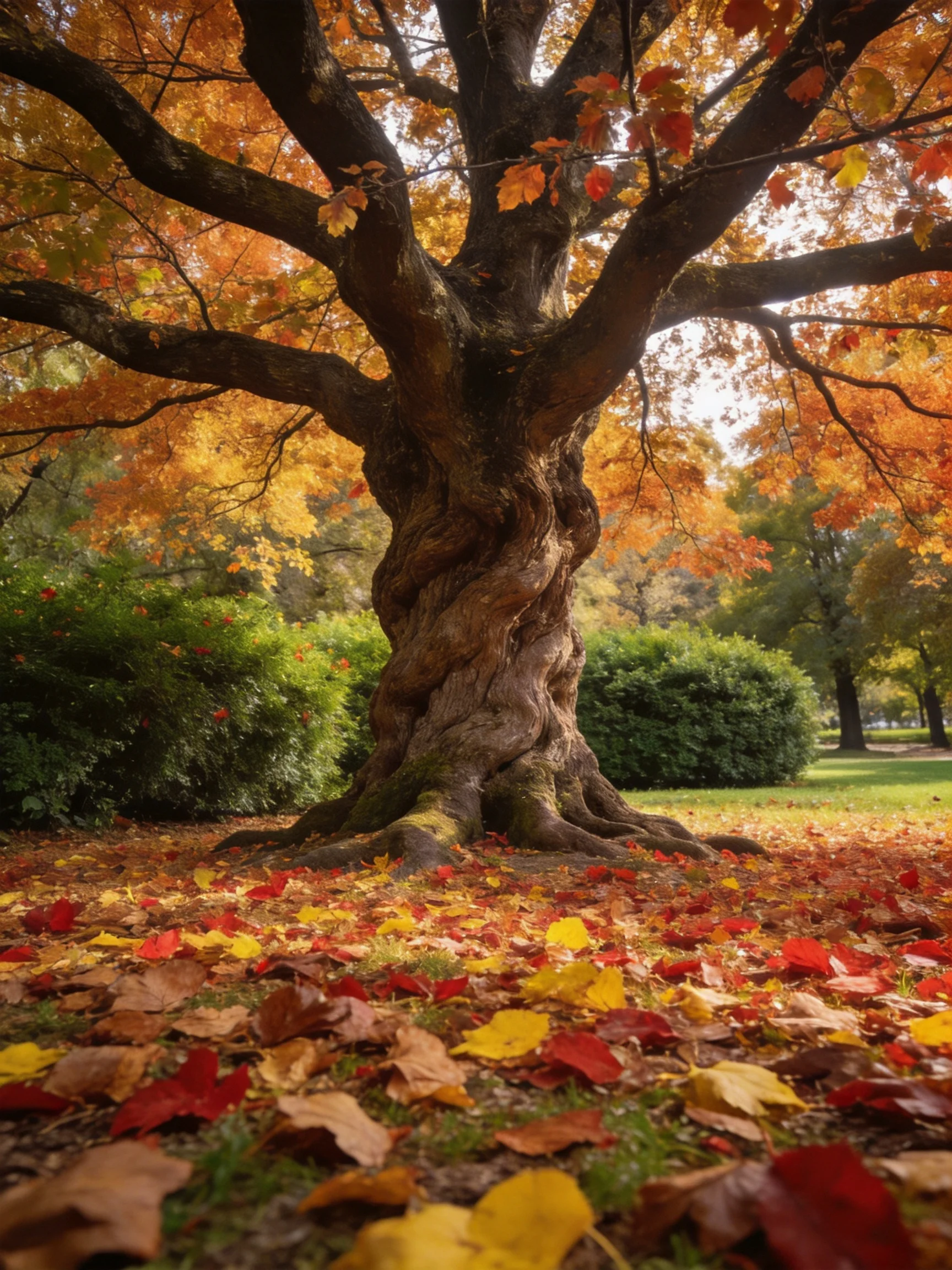 An ancient twisted tree with vibrant fall foliage