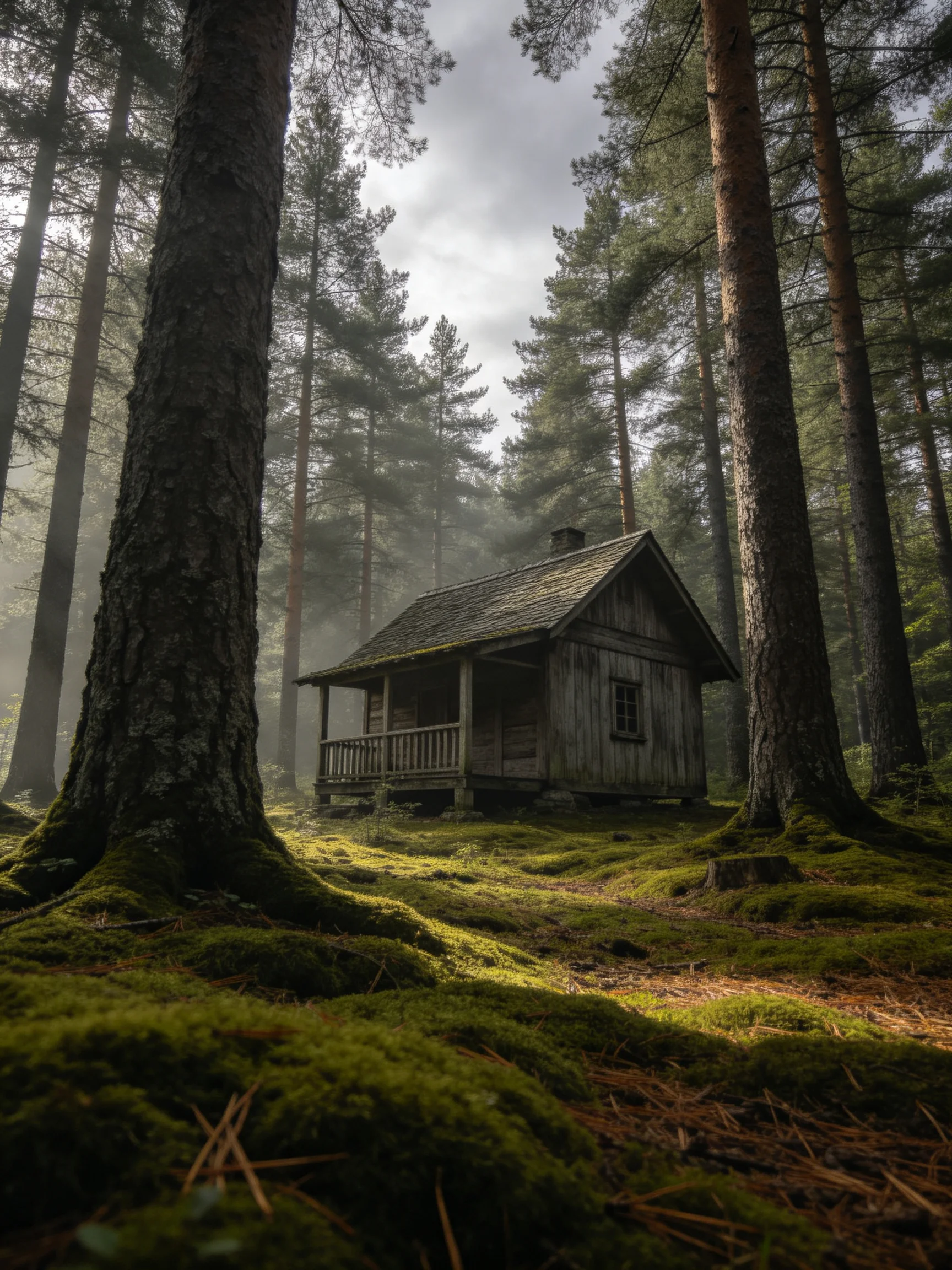 An ancient wooden cabin nestled among towering pine trees in a misty forest