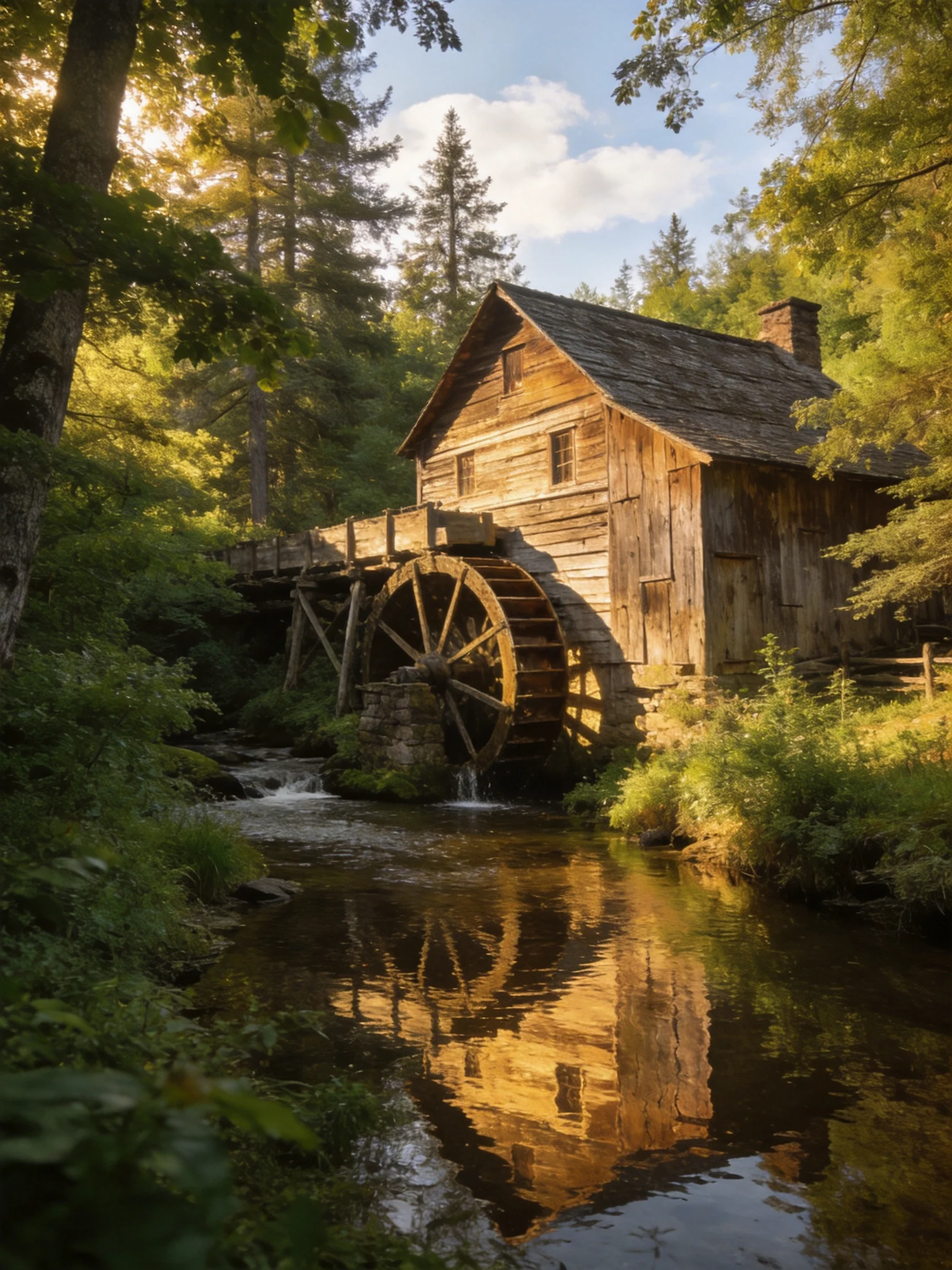 An ancient wooden mill with a large water wheel beside a reflective stream