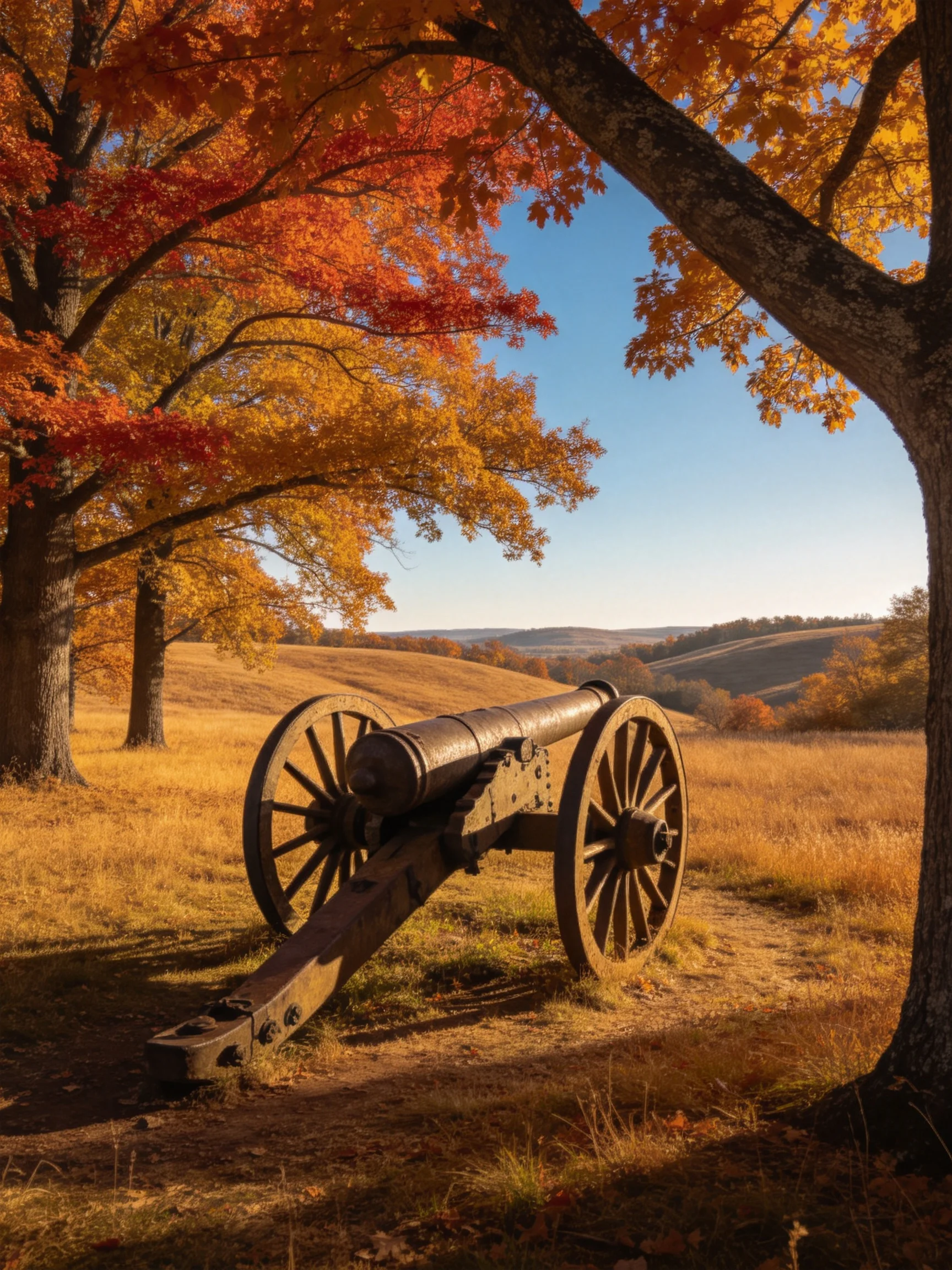 An antique cannon amid vibrant fall trees and golden fields