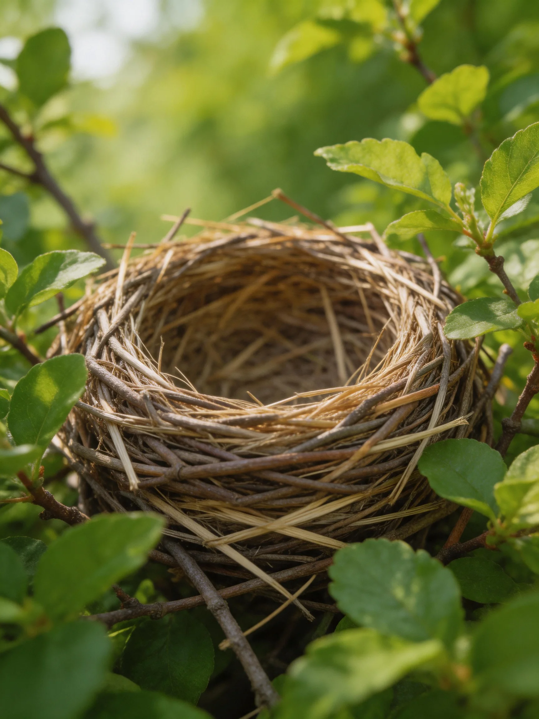 An empty twig birds nest nestled among lush green foliage