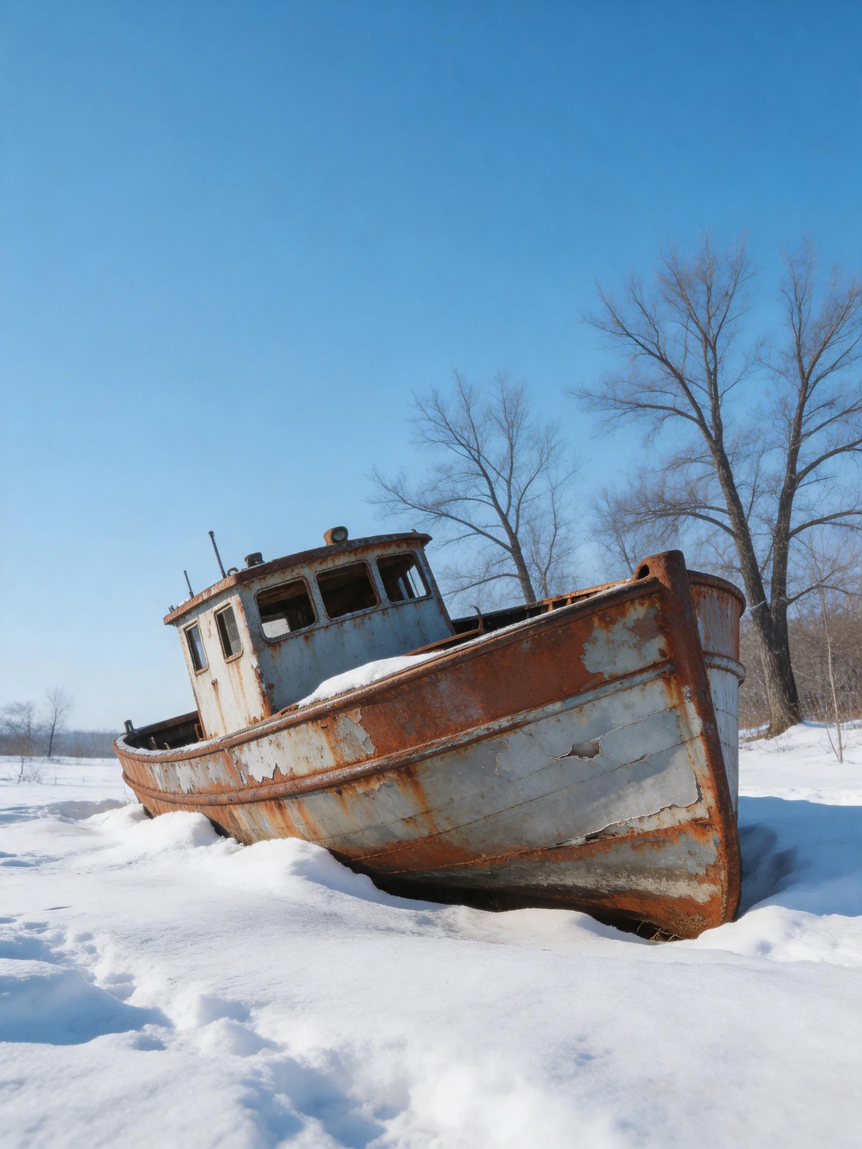 An old, rusted boat abandoned in a snowy field with bare trees